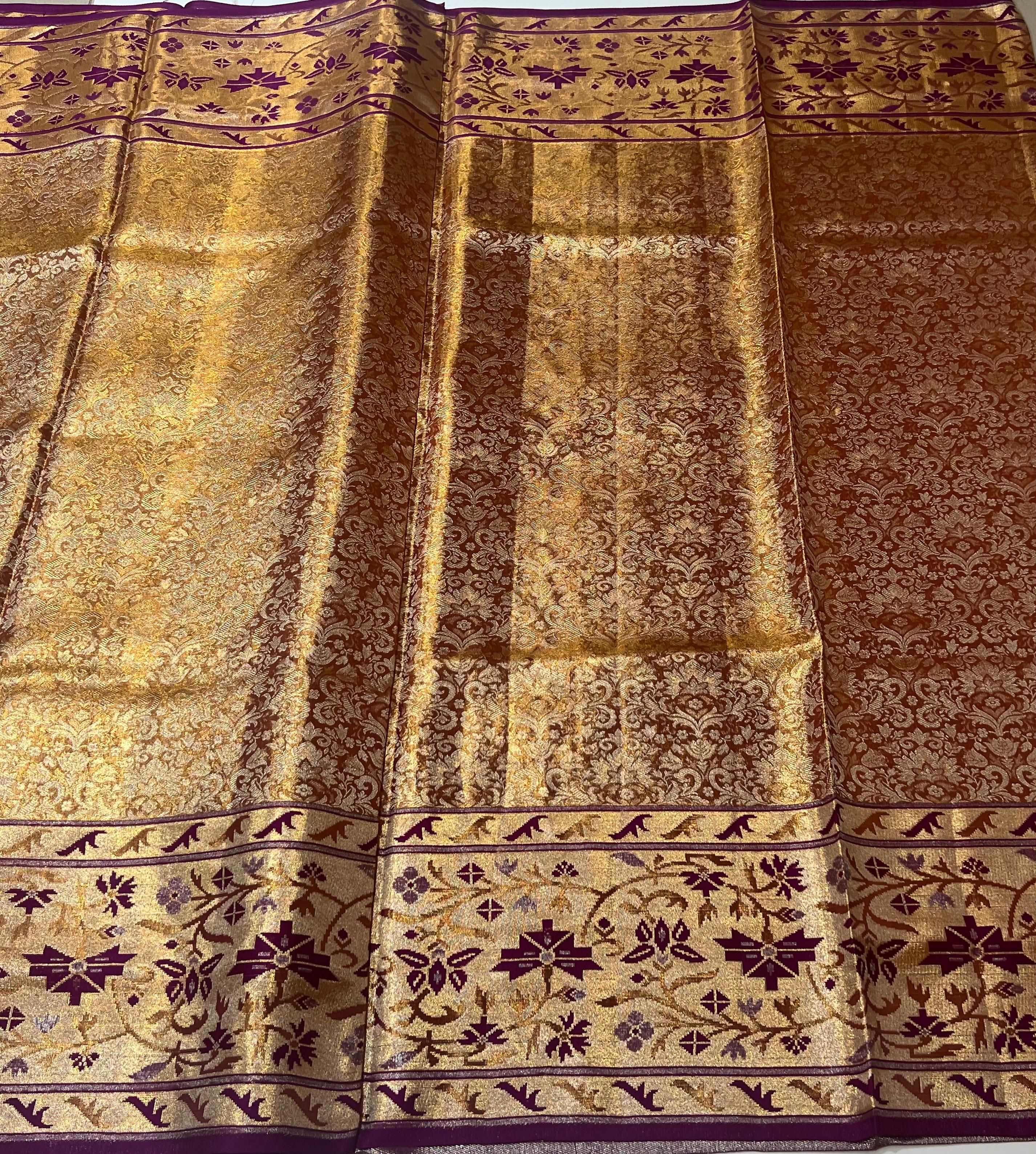 Golden and violet border Kanjeevaram silk saree
