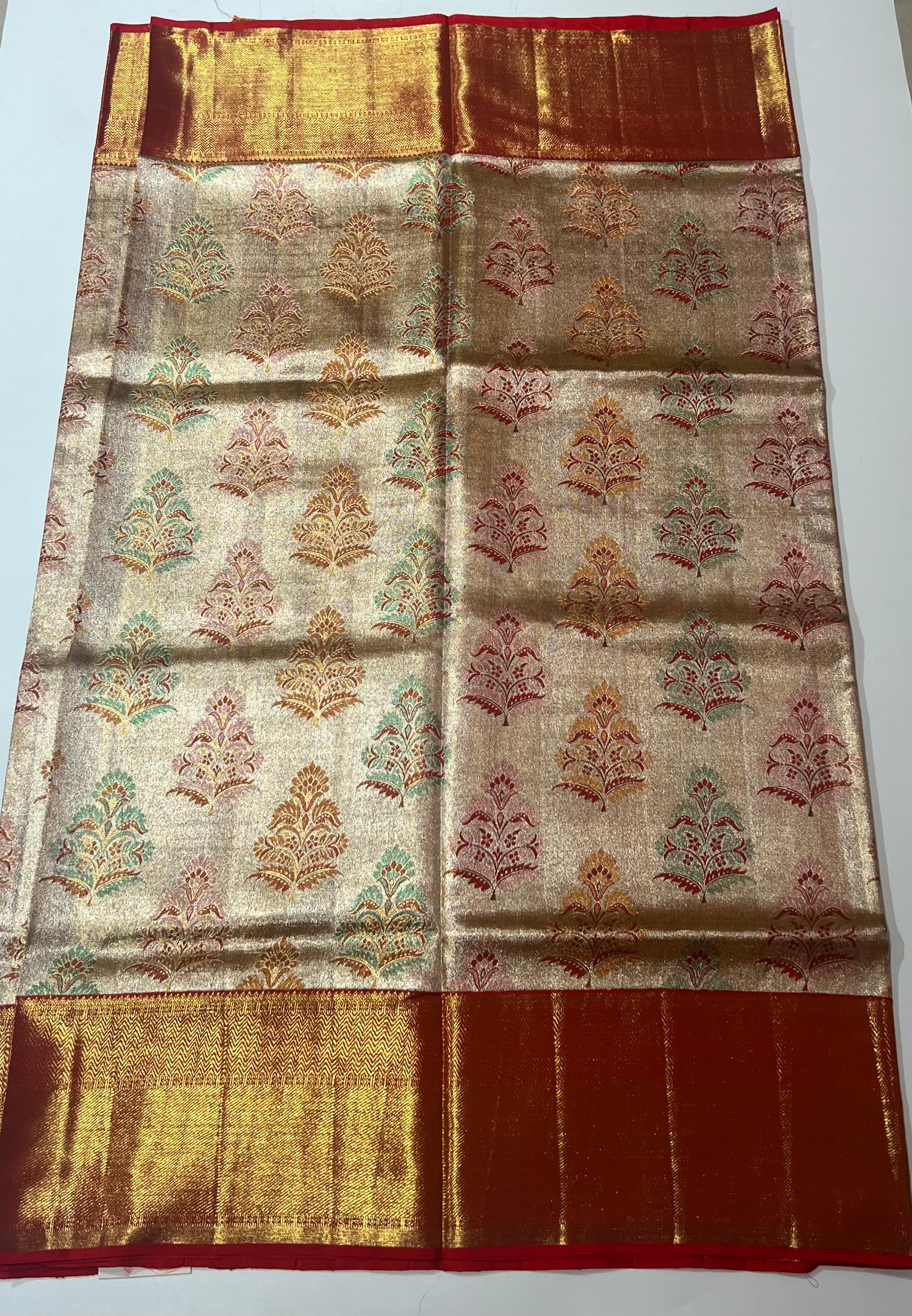 Ivory and red border Kanjeevaram silk saree