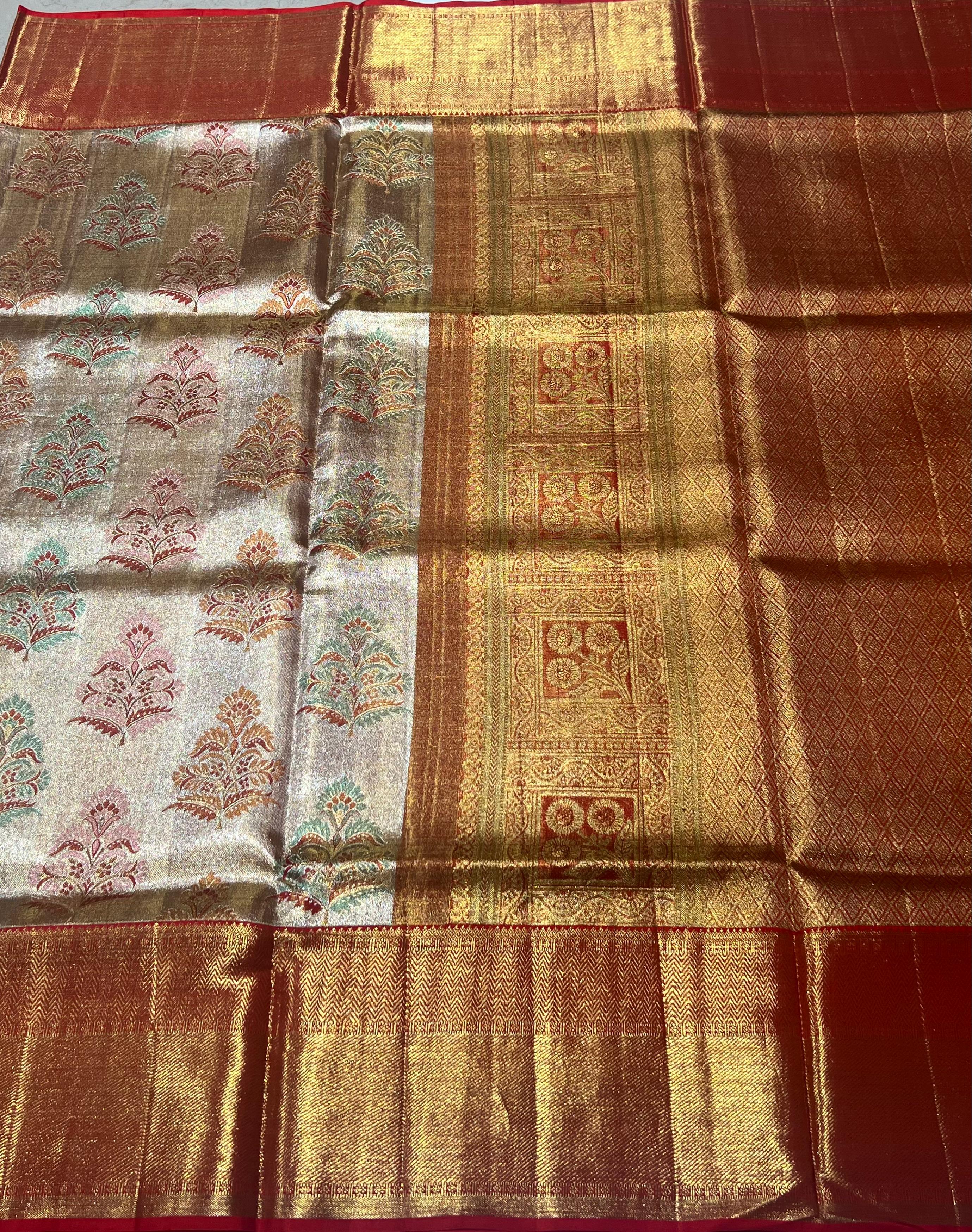 Ivory and red border Kanjeevaram silk saree