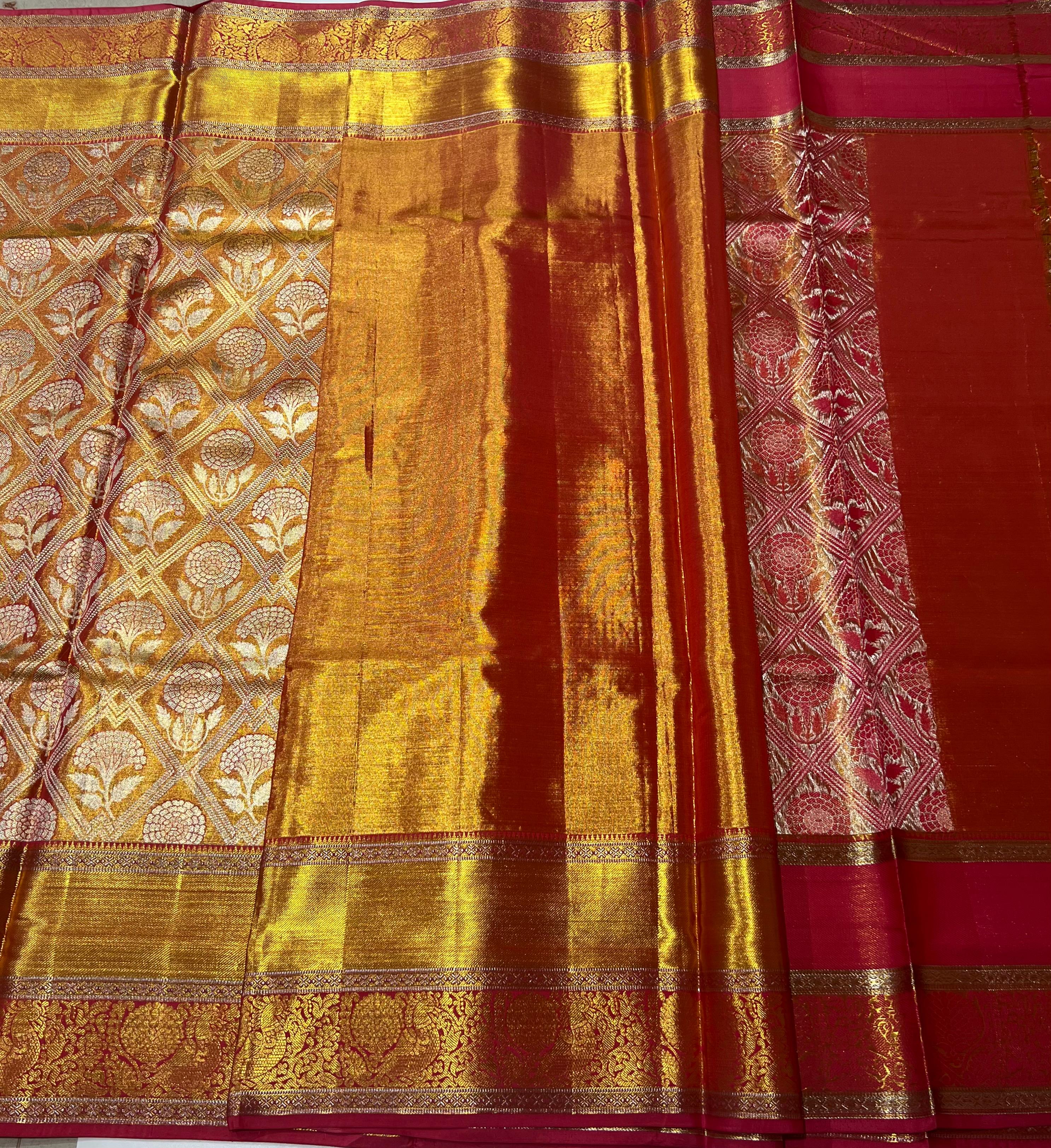 Orange and red golden border Kanjeevaram silk saree