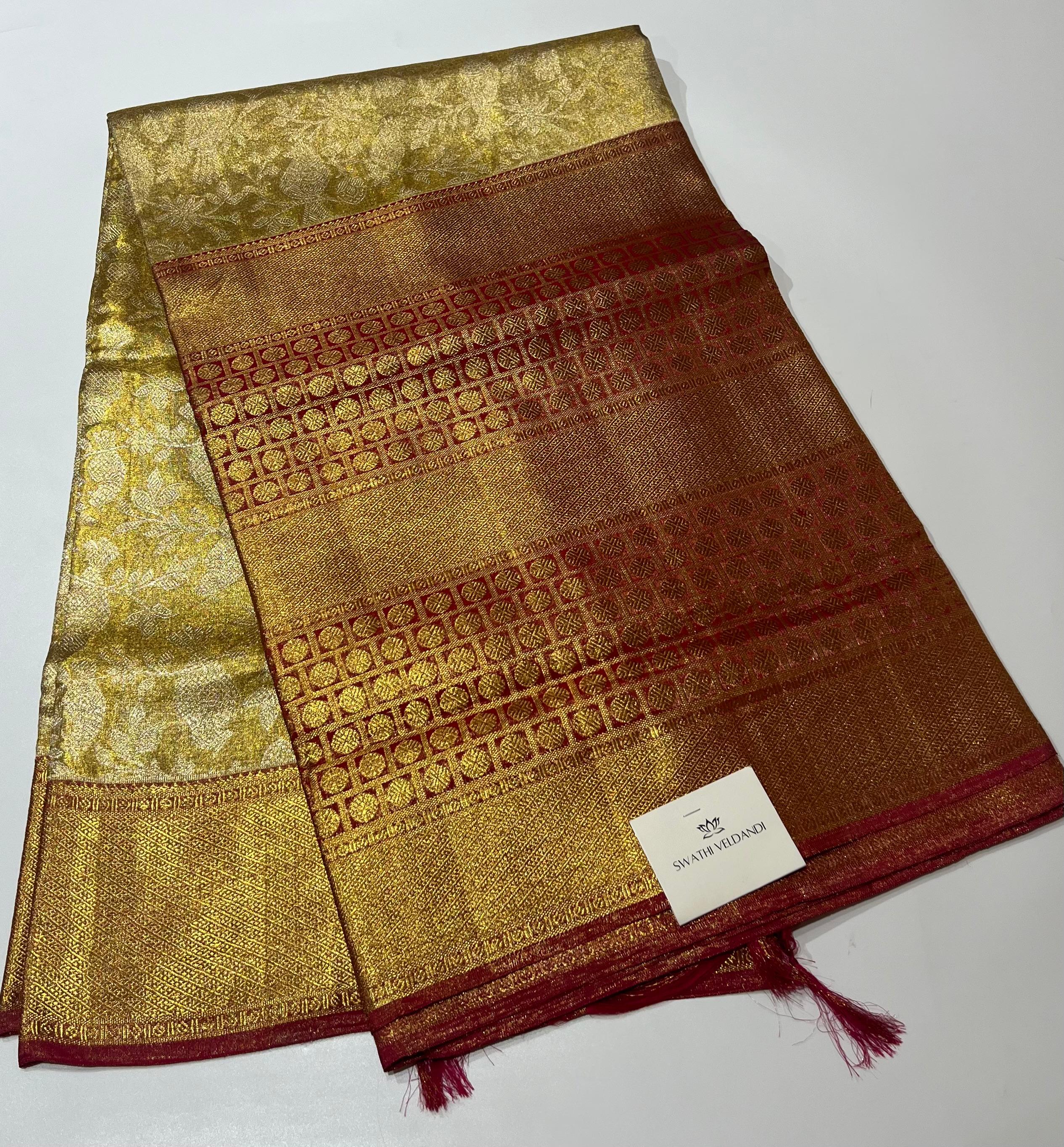 Oldgold and maroon Kanjeevaram silk saree