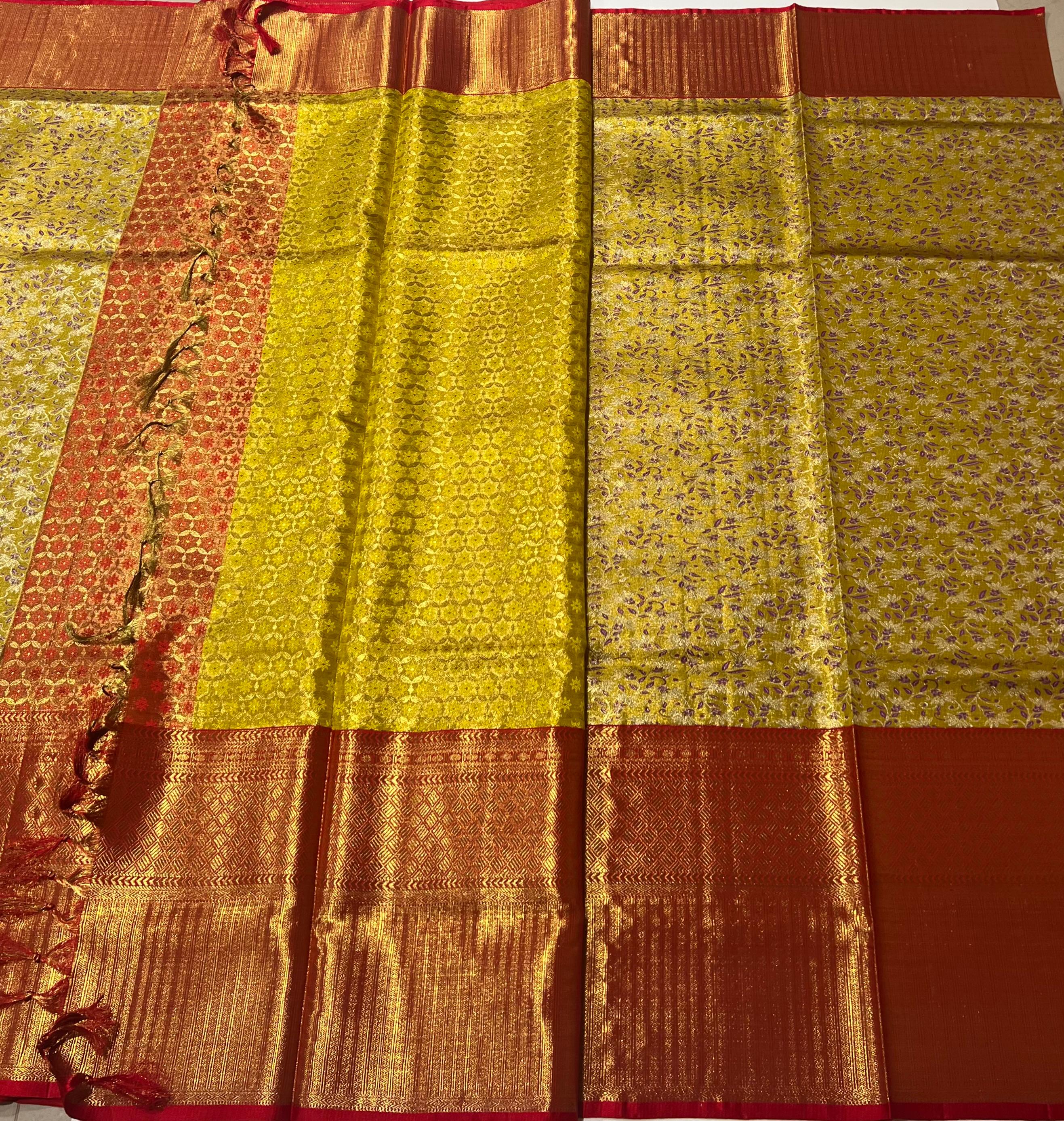 Tea Green and red Kanjeevaram silk saree