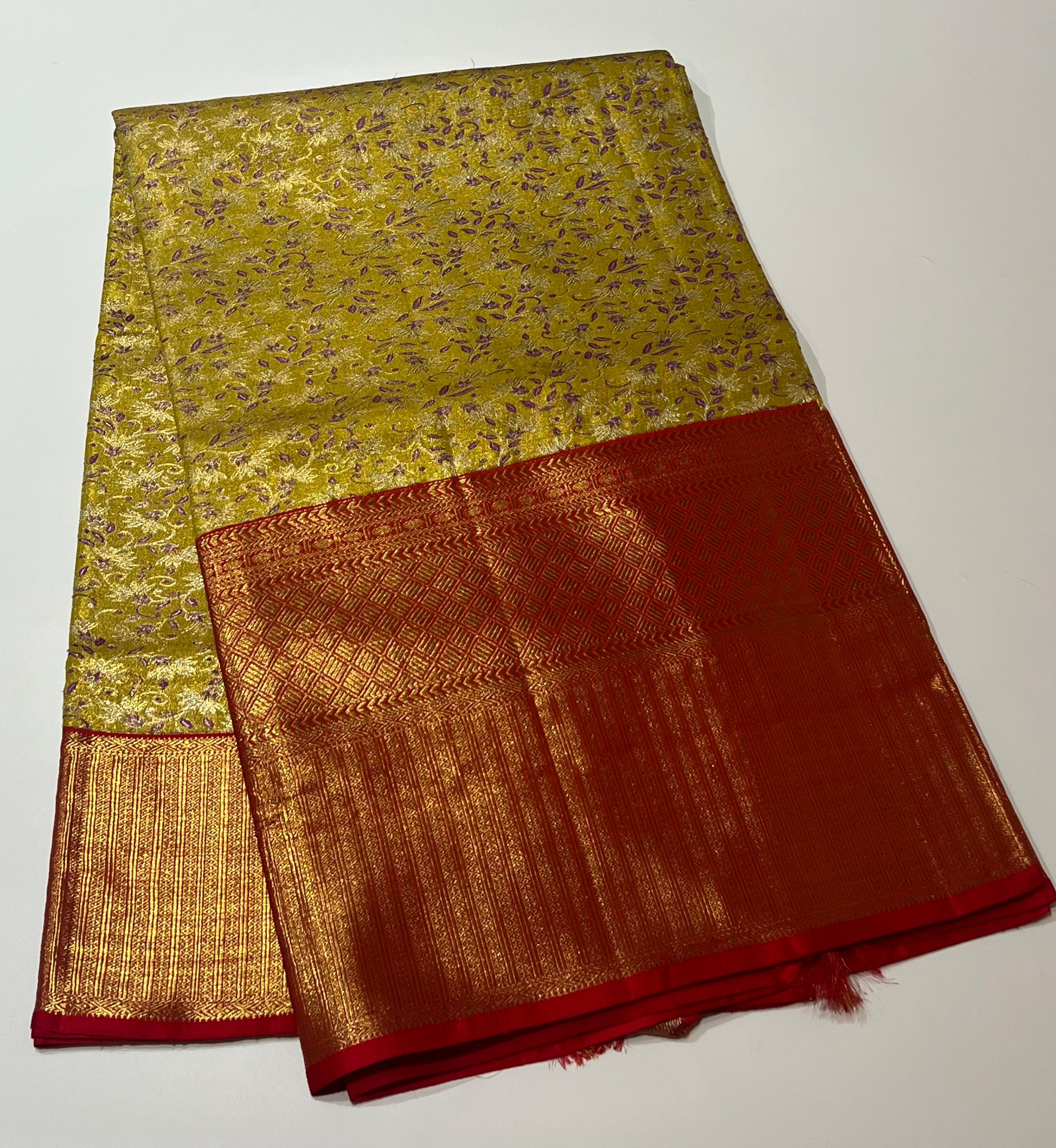 Tea Green and red Kanjeevaram silk saree