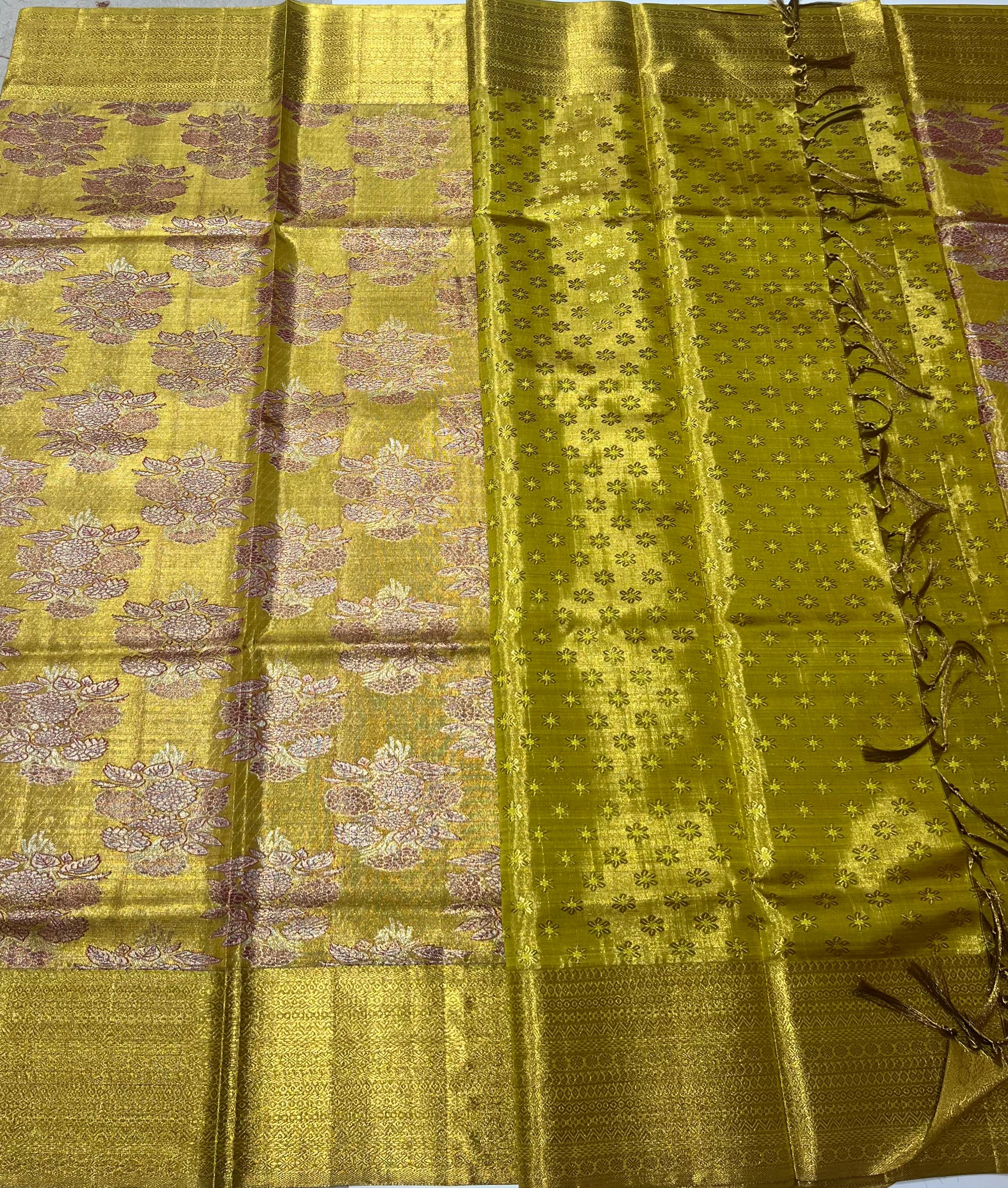 Rose motif golden Kanjeevaram silk saree.