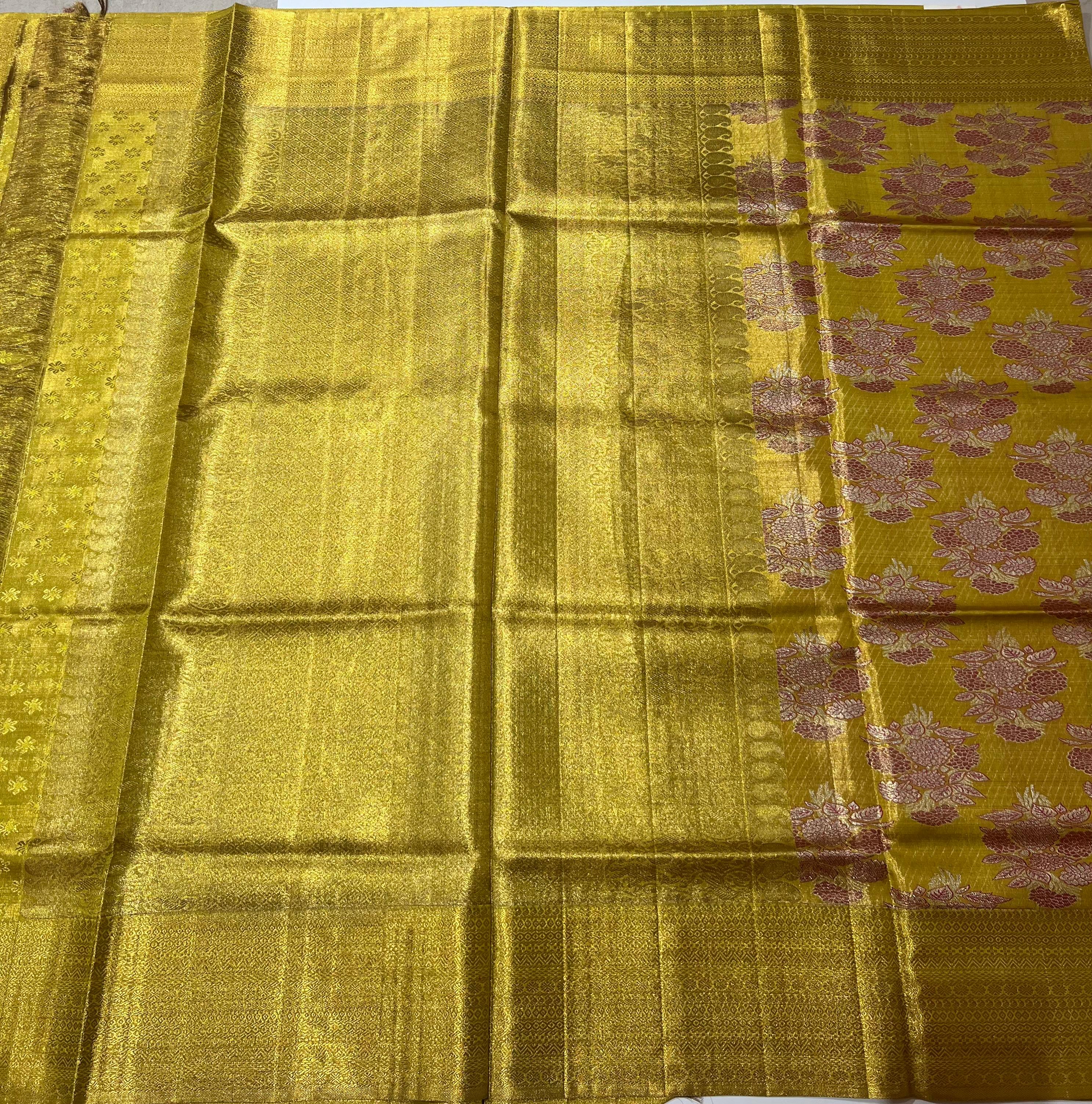Rose motif golden Kanjeevaram silk saree.