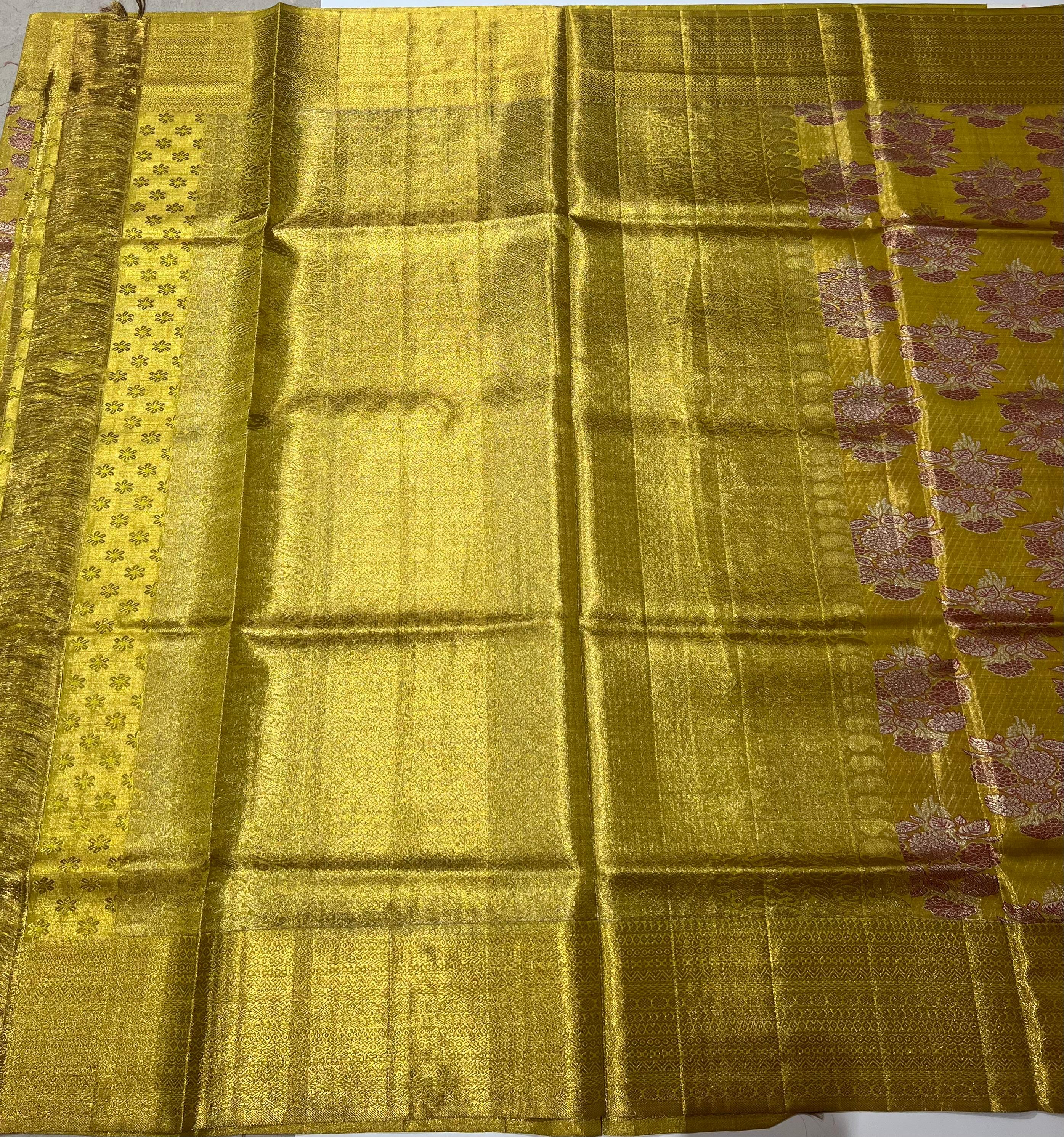 Rose motif golden Kanjeevaram silk saree.