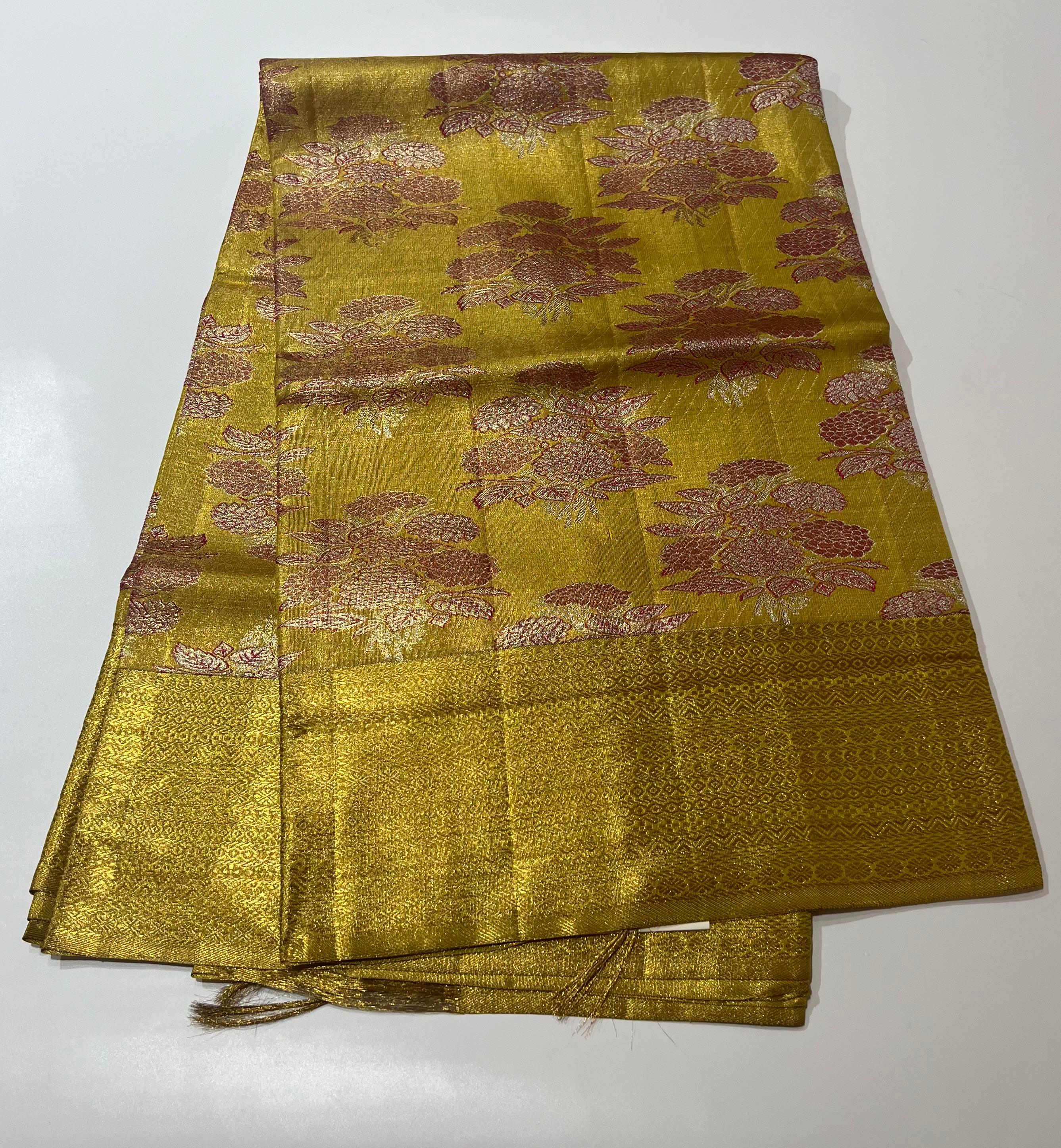 Rose motif golden Kanjeevaram silk saree.