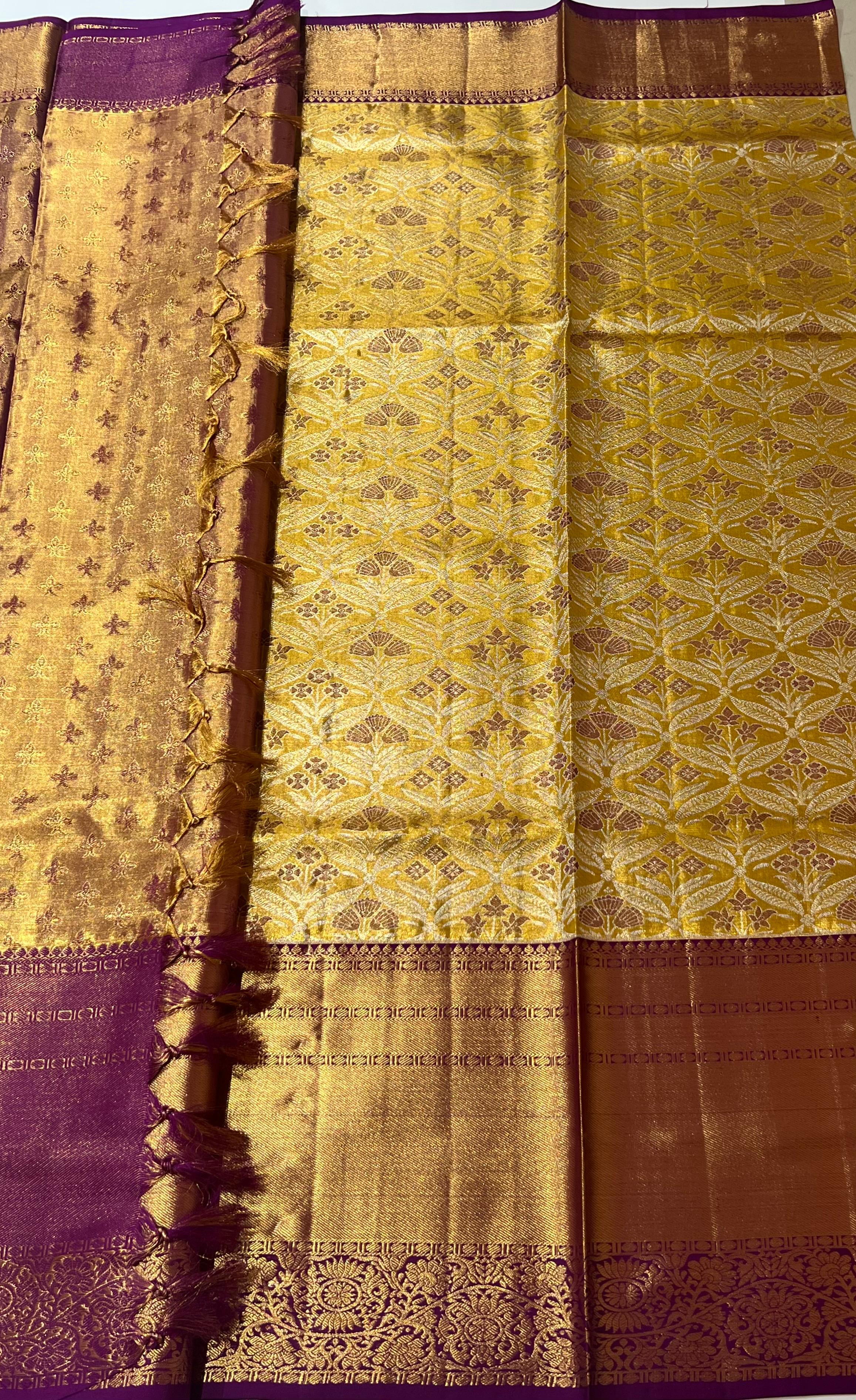 Golden and violet Kanjeevaram silk saree