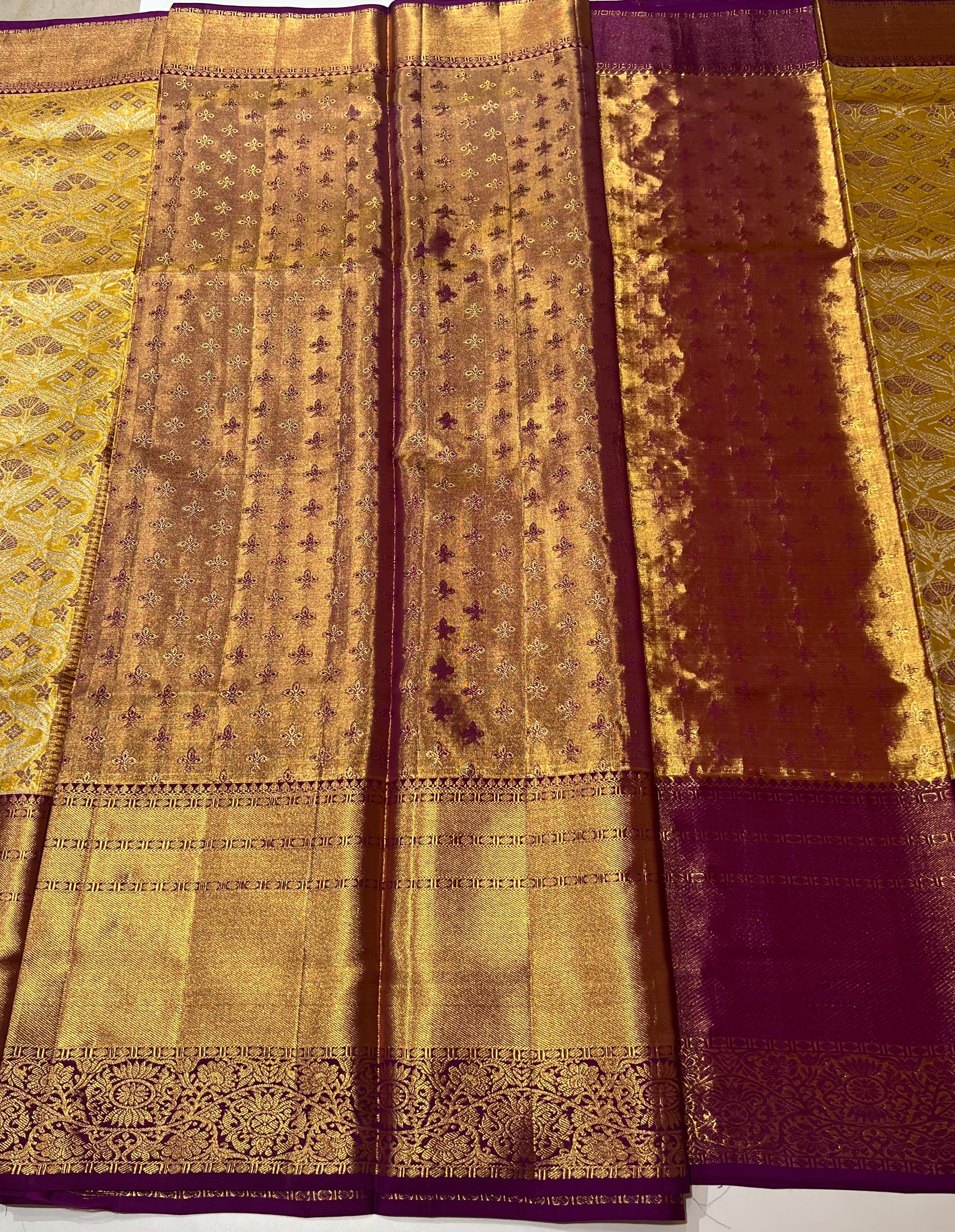 Golden and violet Kanjeevaram silk saree