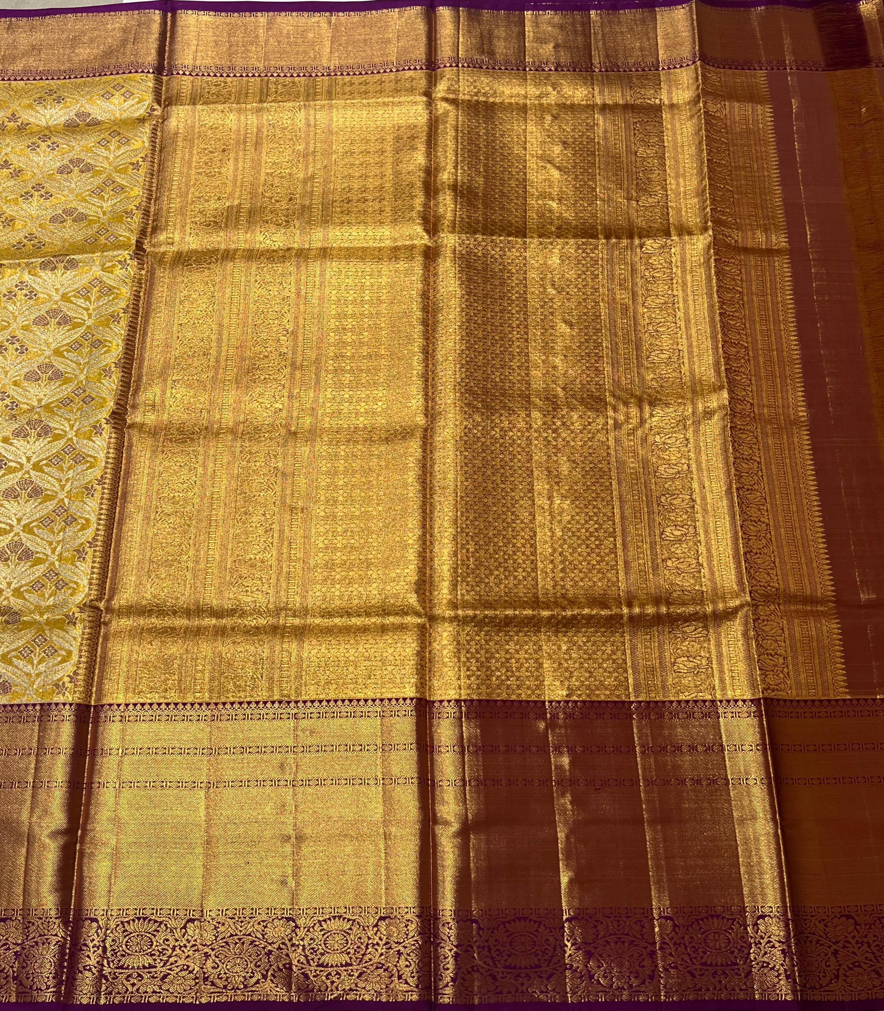 Golden and violet Kanjeevaram silk saree