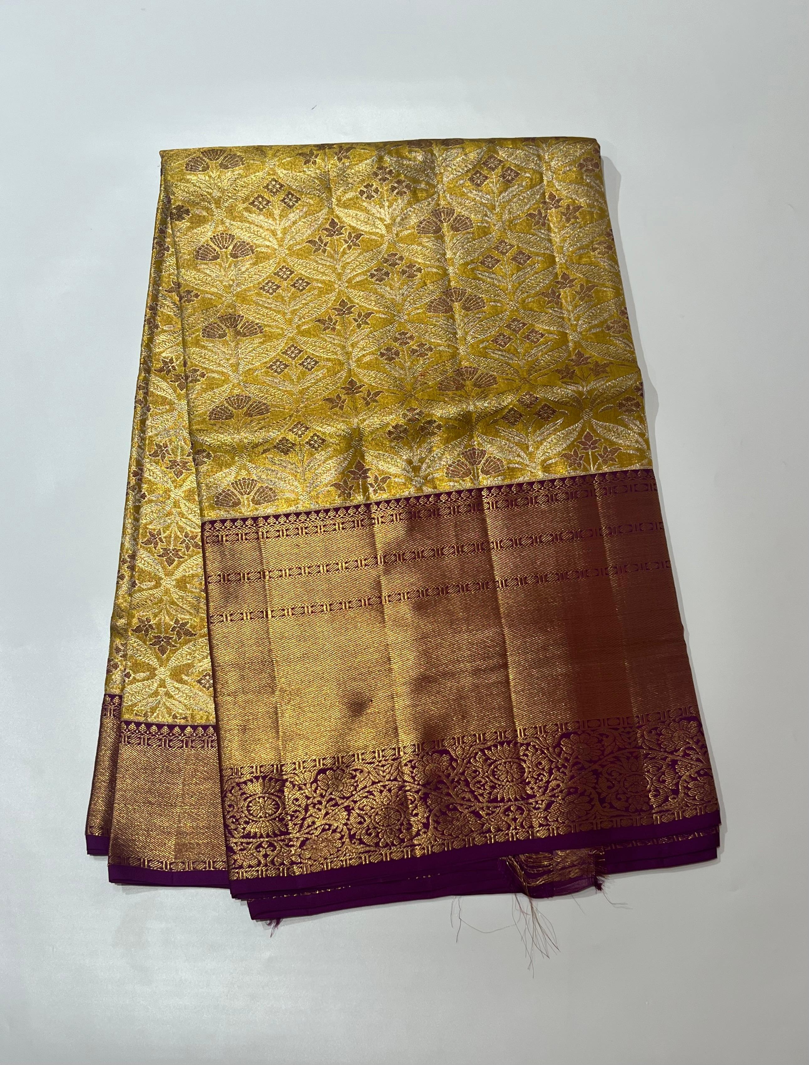 Golden and violet Kanjeevaram silk saree