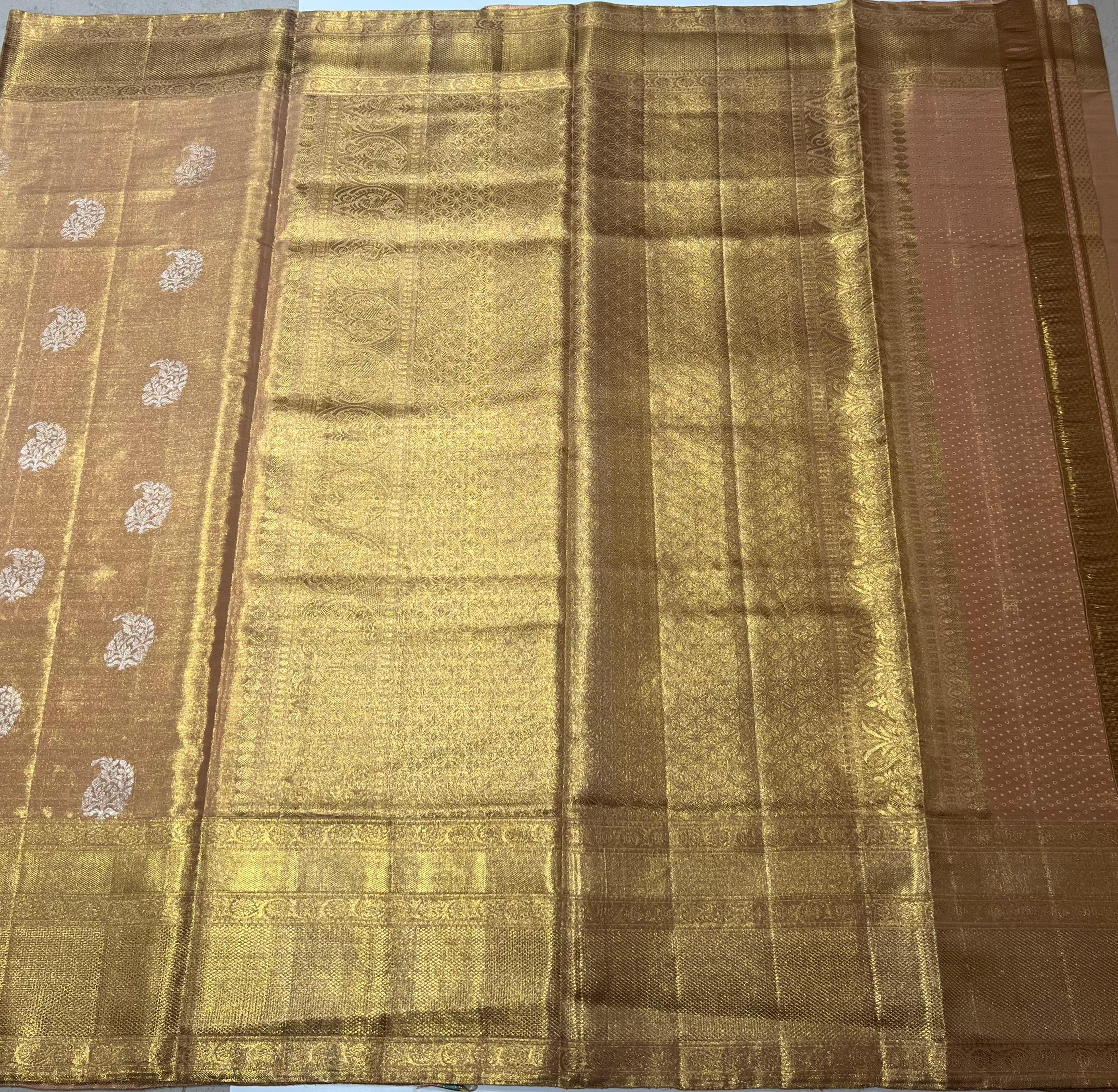 Paisley work on Peach Kanjeevaram silk saree