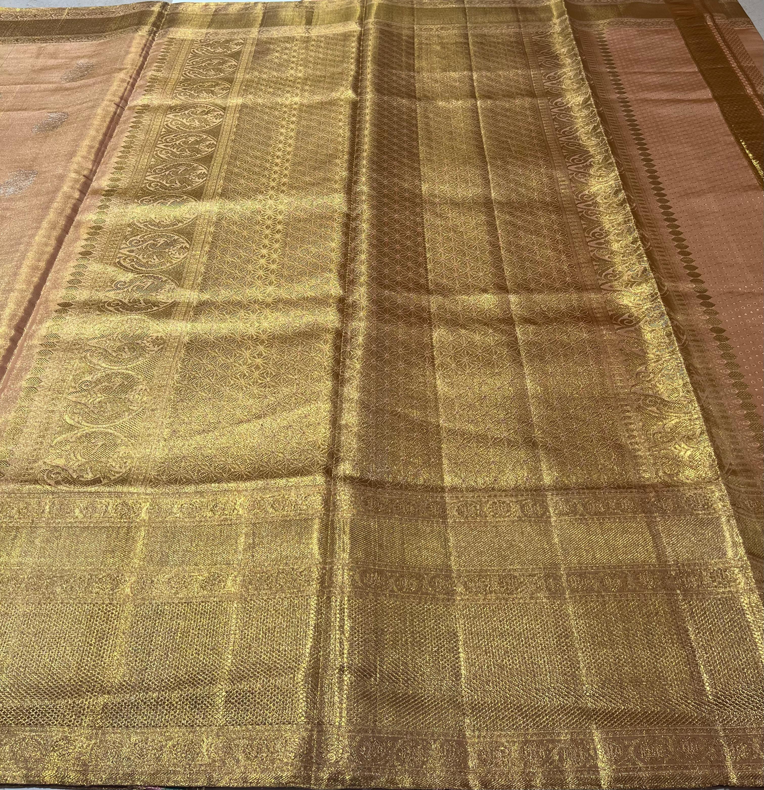 Paisley work on Peach Kanjeevaram silk saree