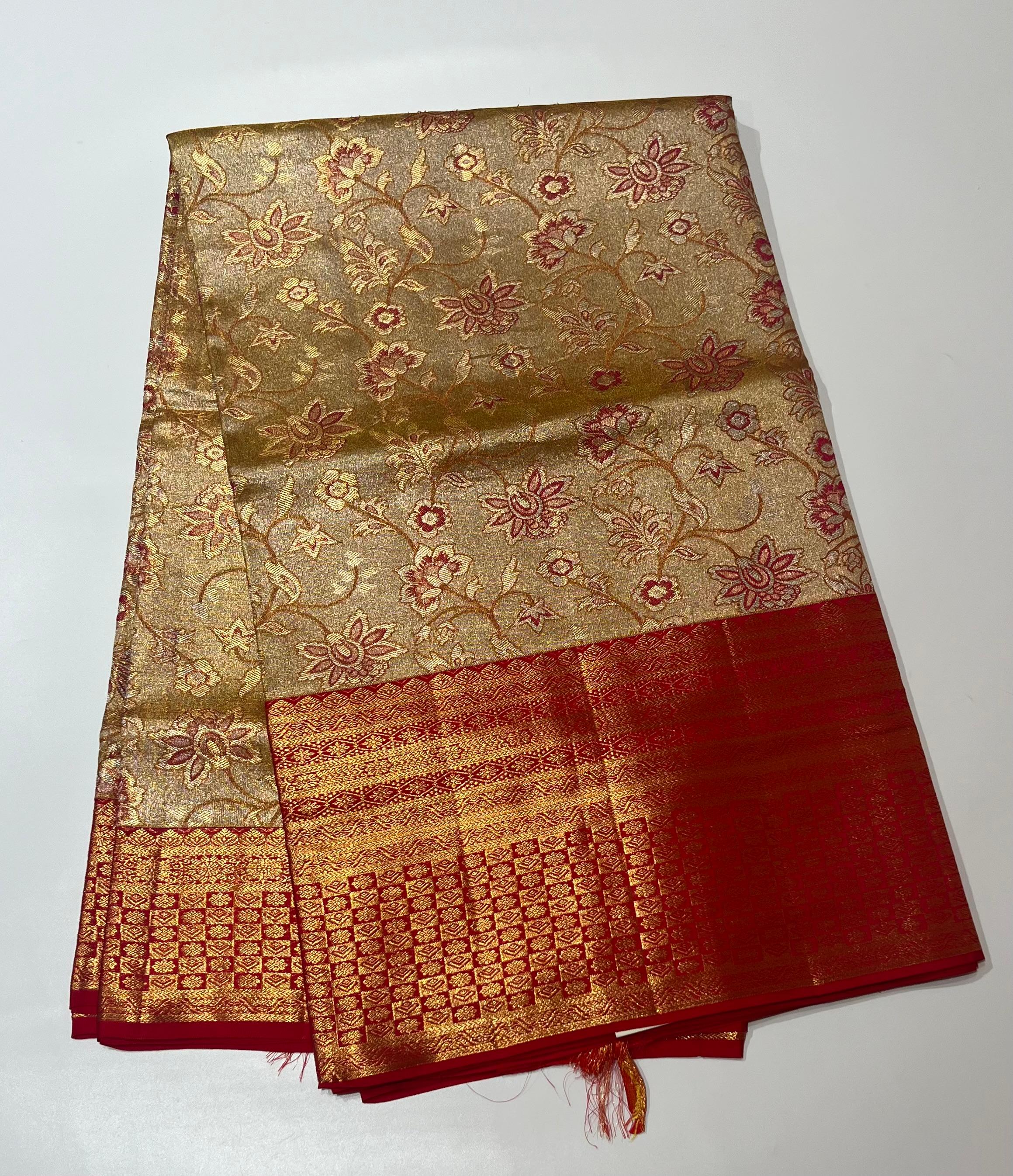 Pale Golden and red Kanjeevaram silk saree