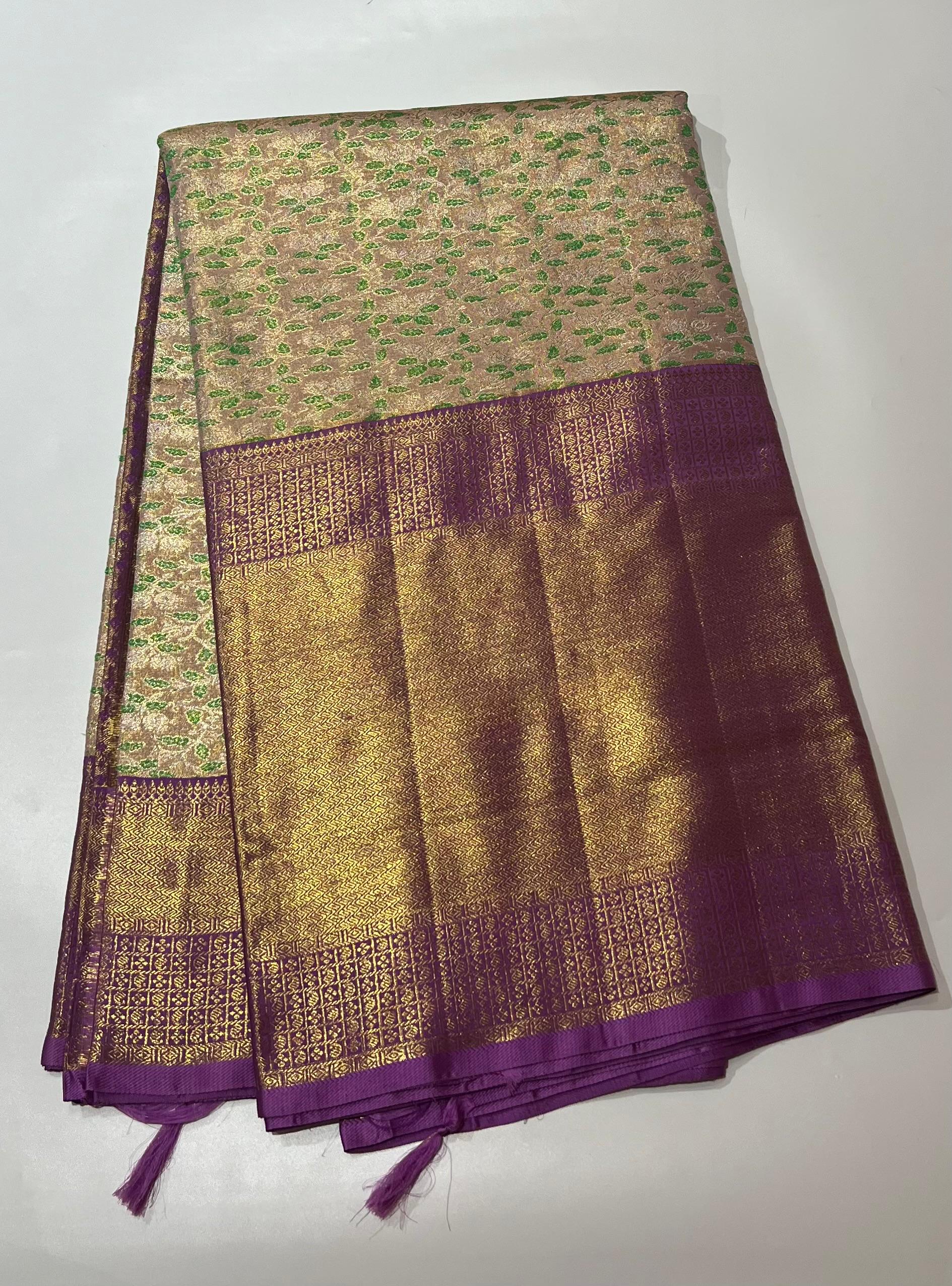 Cream and light violet border Kanjeevaram silk Saree