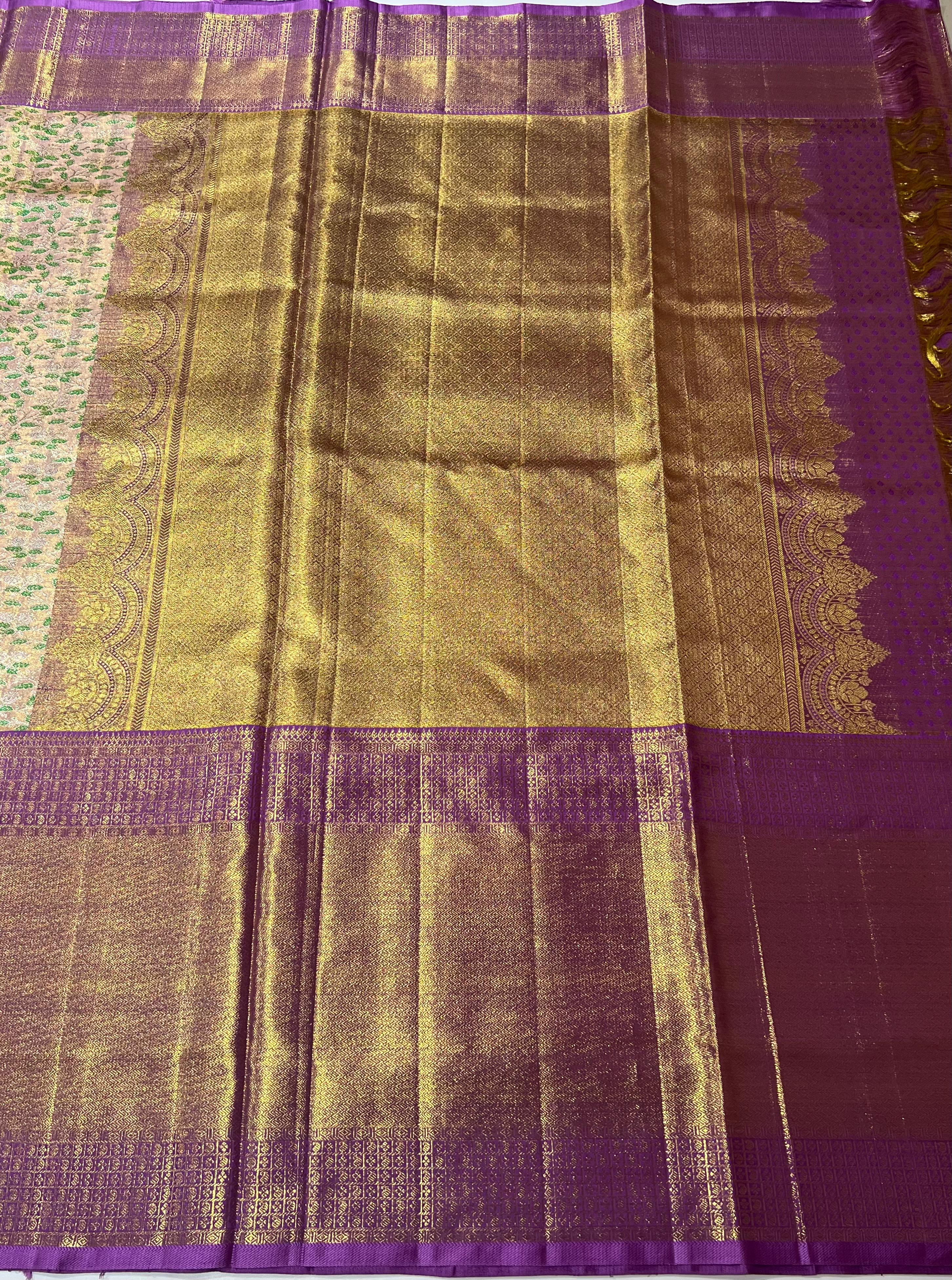 Cream and light violet border Kanjeevaram silk Saree