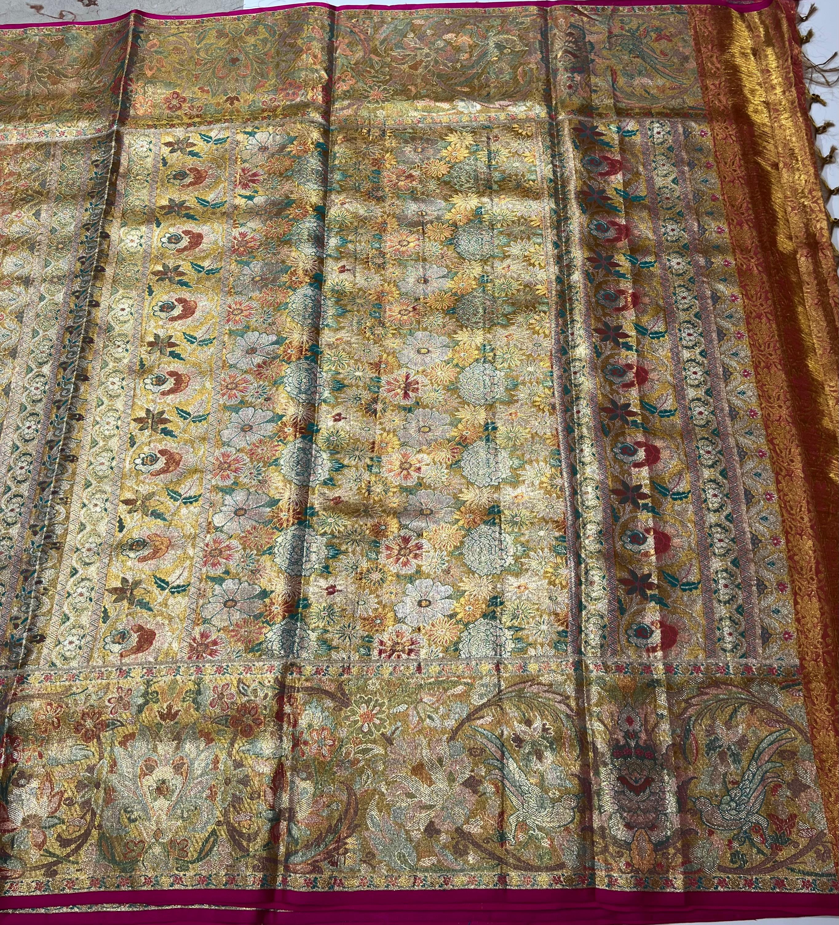 Rose gold and maroon border Kanjeevaram silk saree