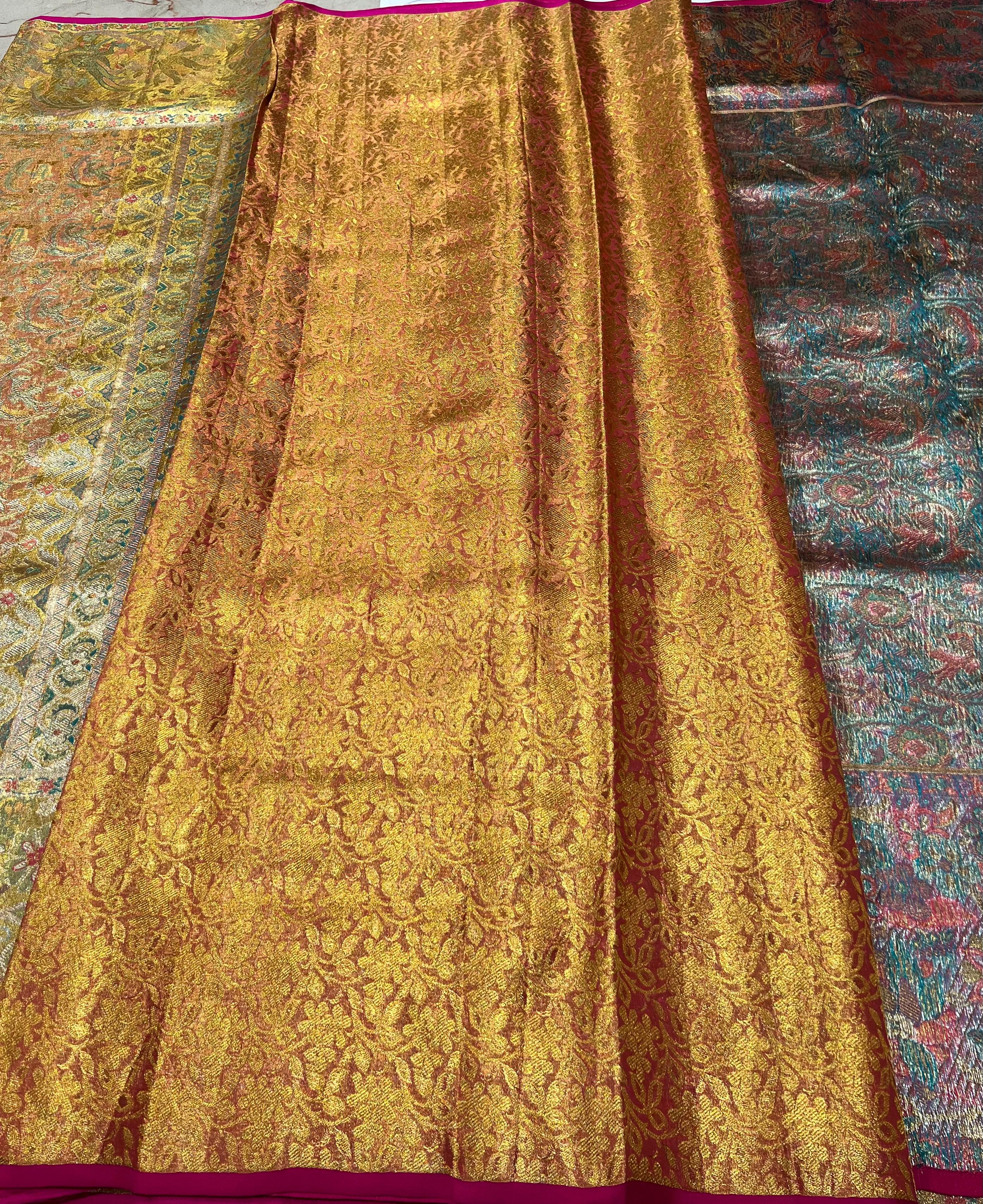 Rose gold and maroon border Kanjeevaram silk saree