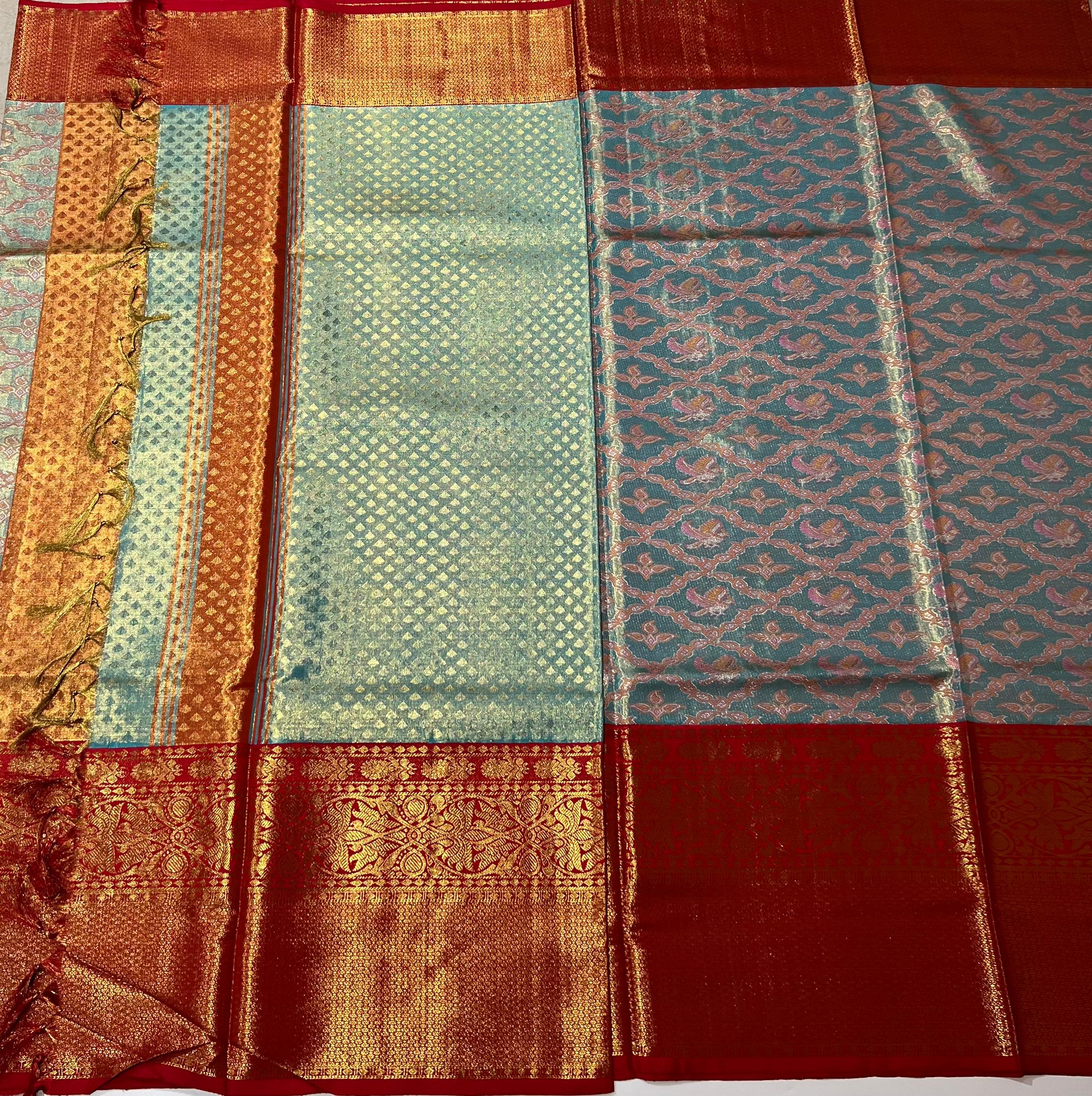 Aqua blue and maroon Kanjeevaram silk saree