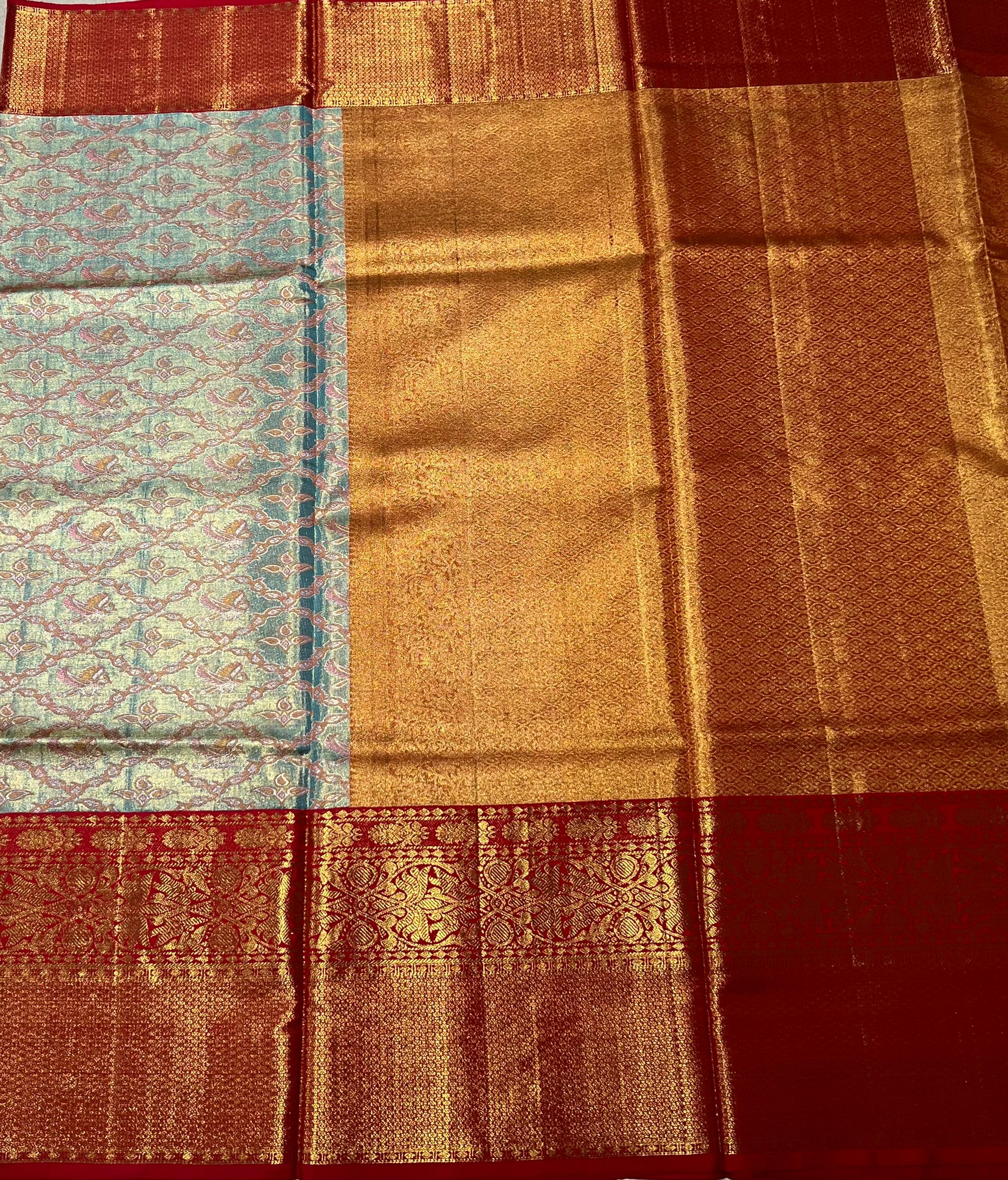 Aqua blue and maroon Kanjeevaram silk saree