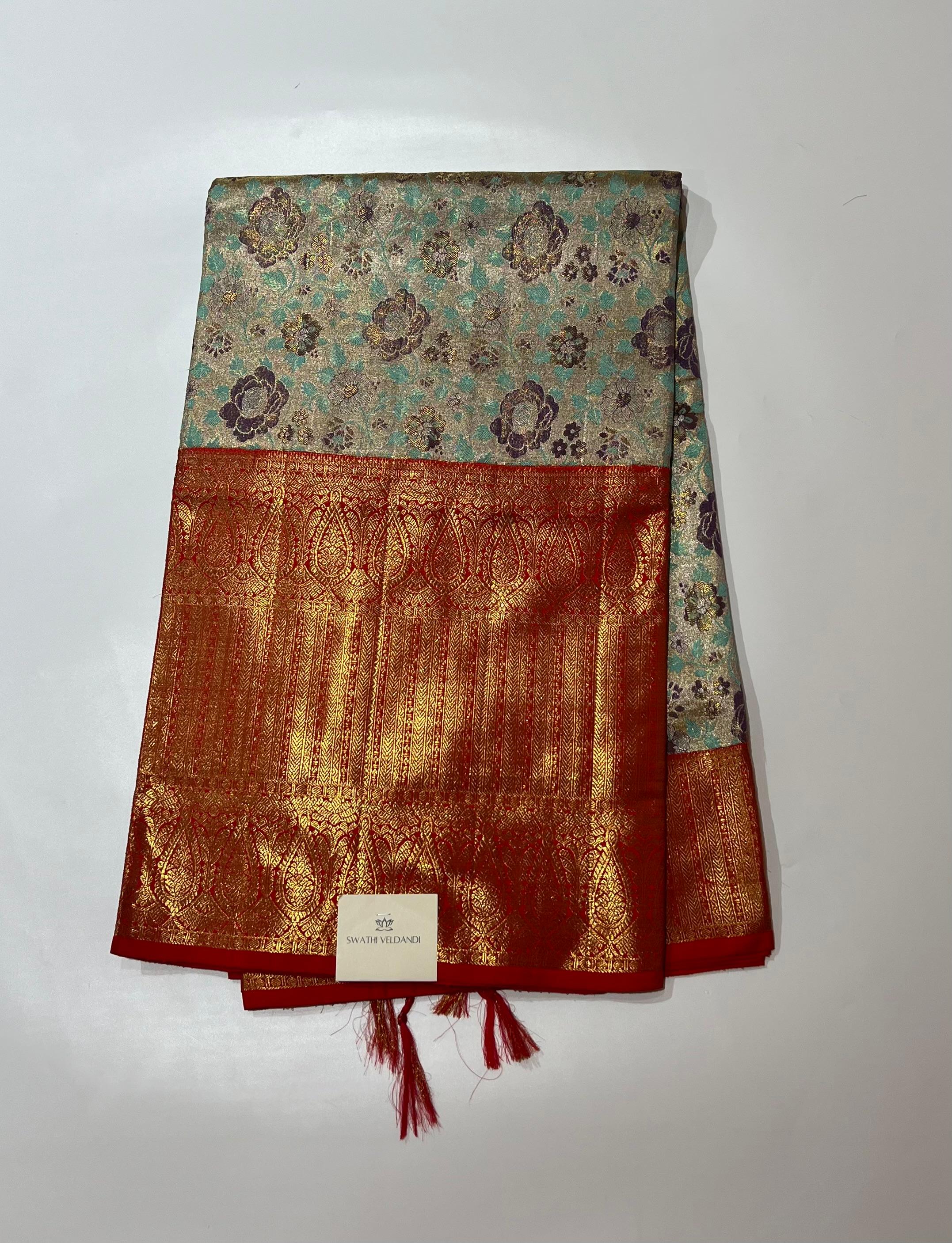 Teal bue and Red kanjeevaram silk saree