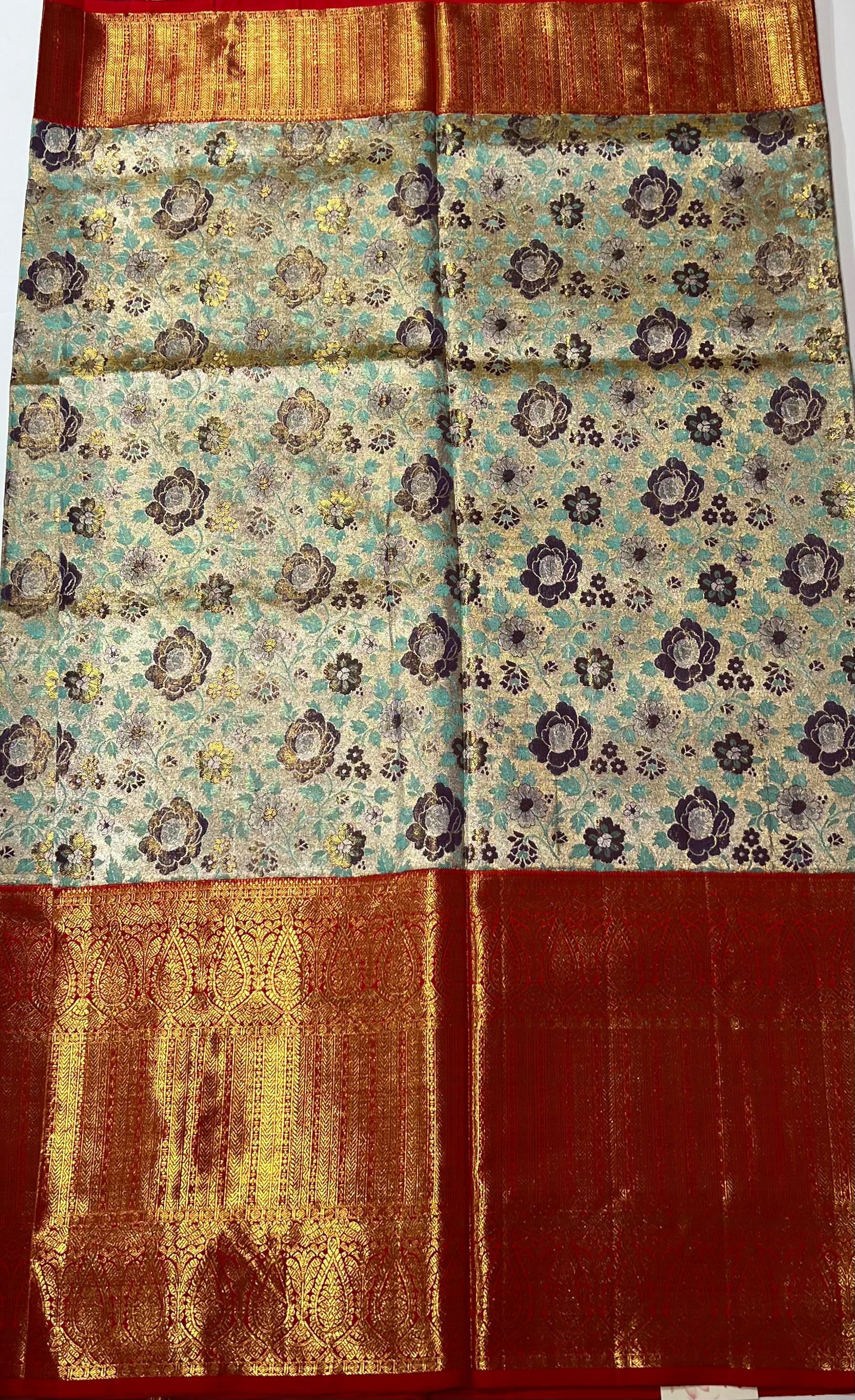 Teal bue and Red kanjeevaram silk saree
