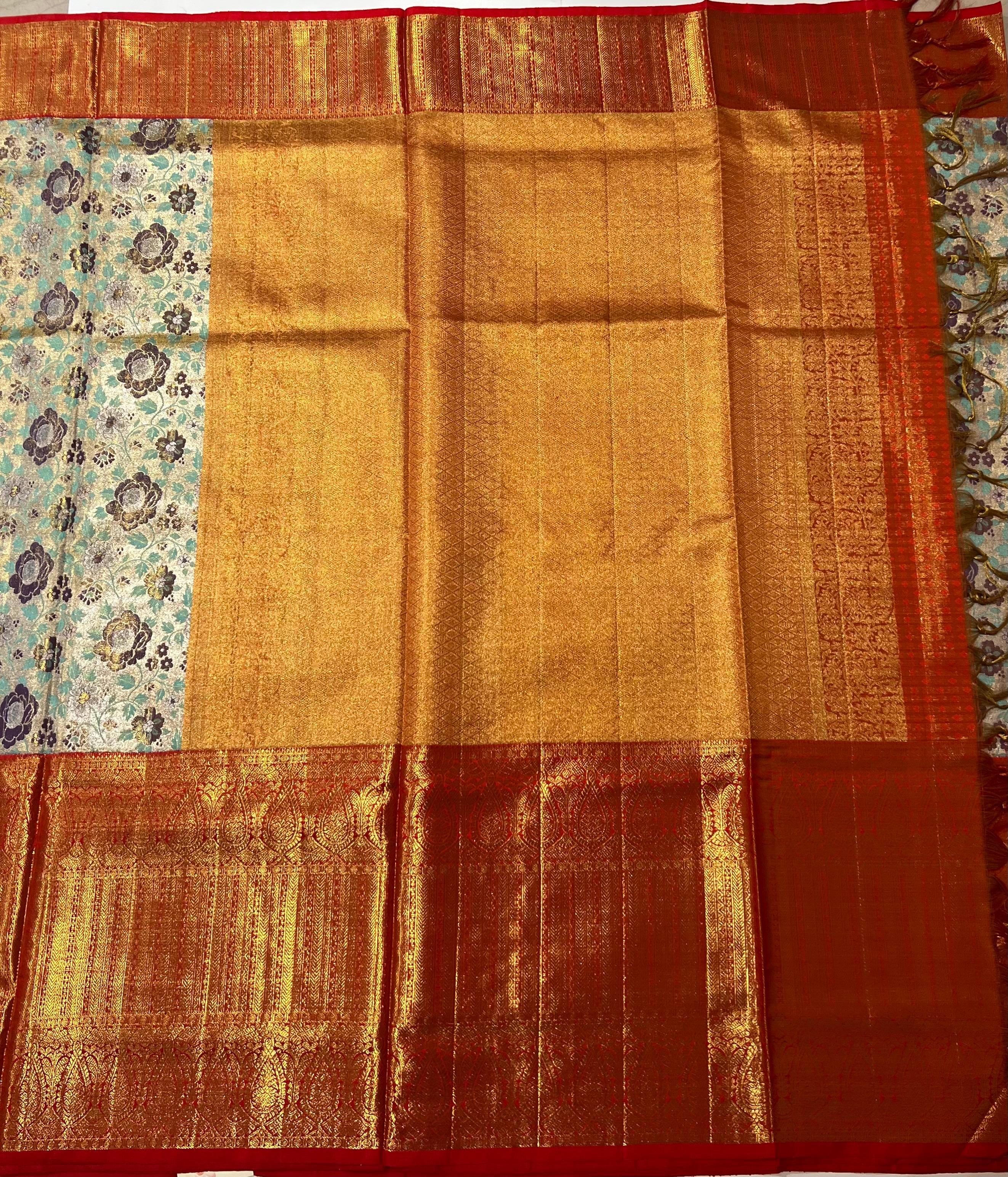 Teal bue and Red kanjeevaram silk saree