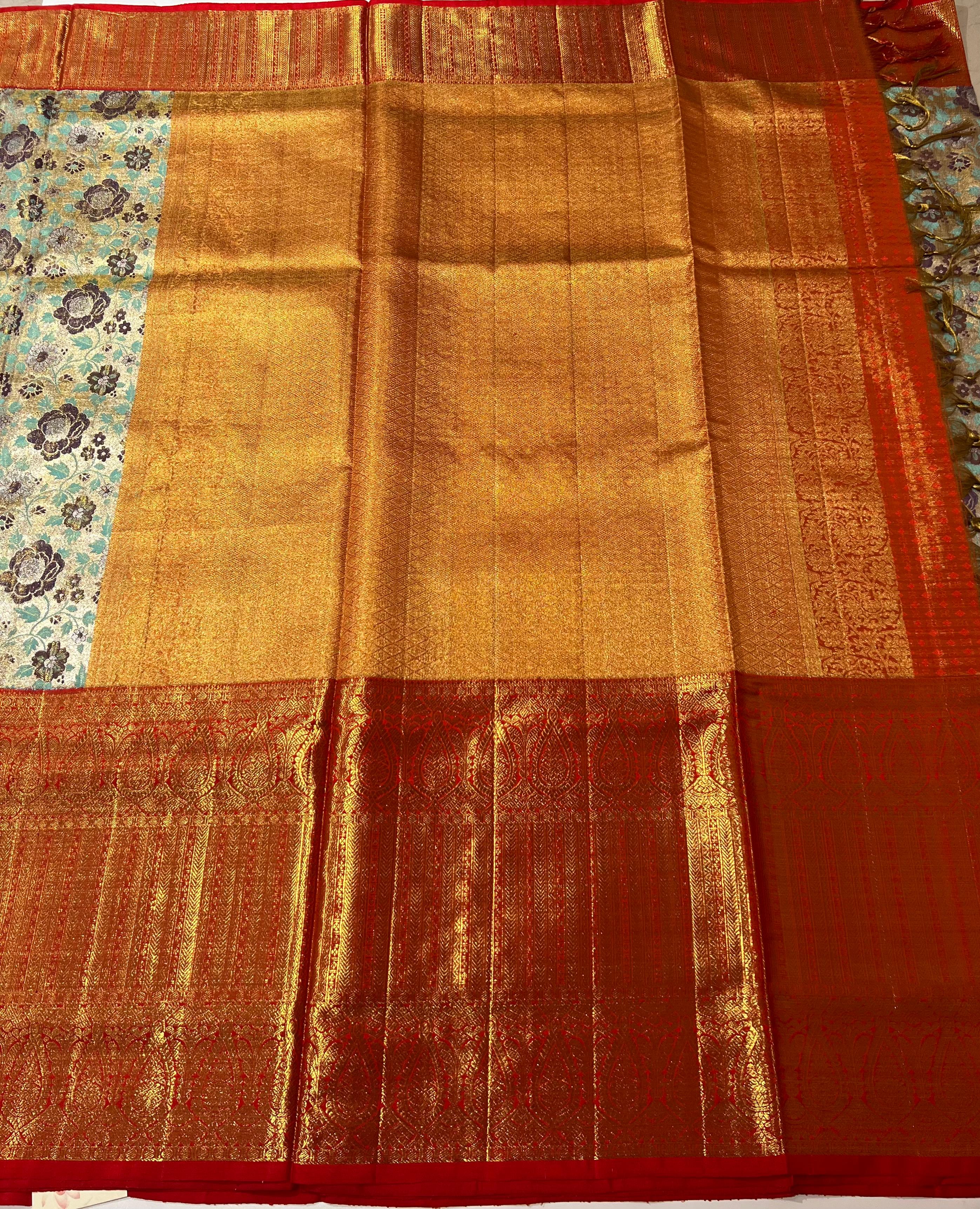 Teal bue and Red kanjeevaram silk saree