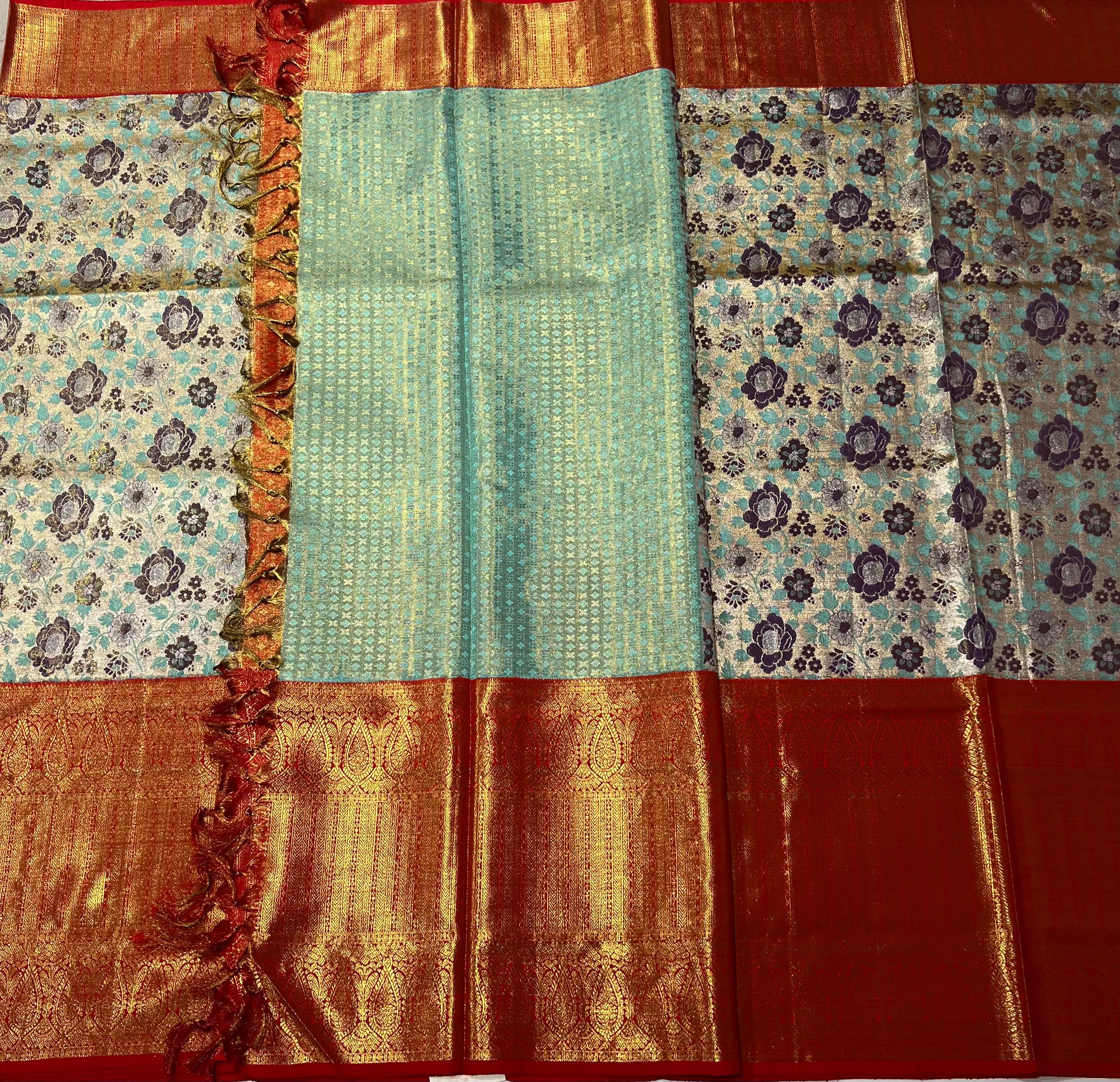 Teal bue and Red kanjeevaram silk saree