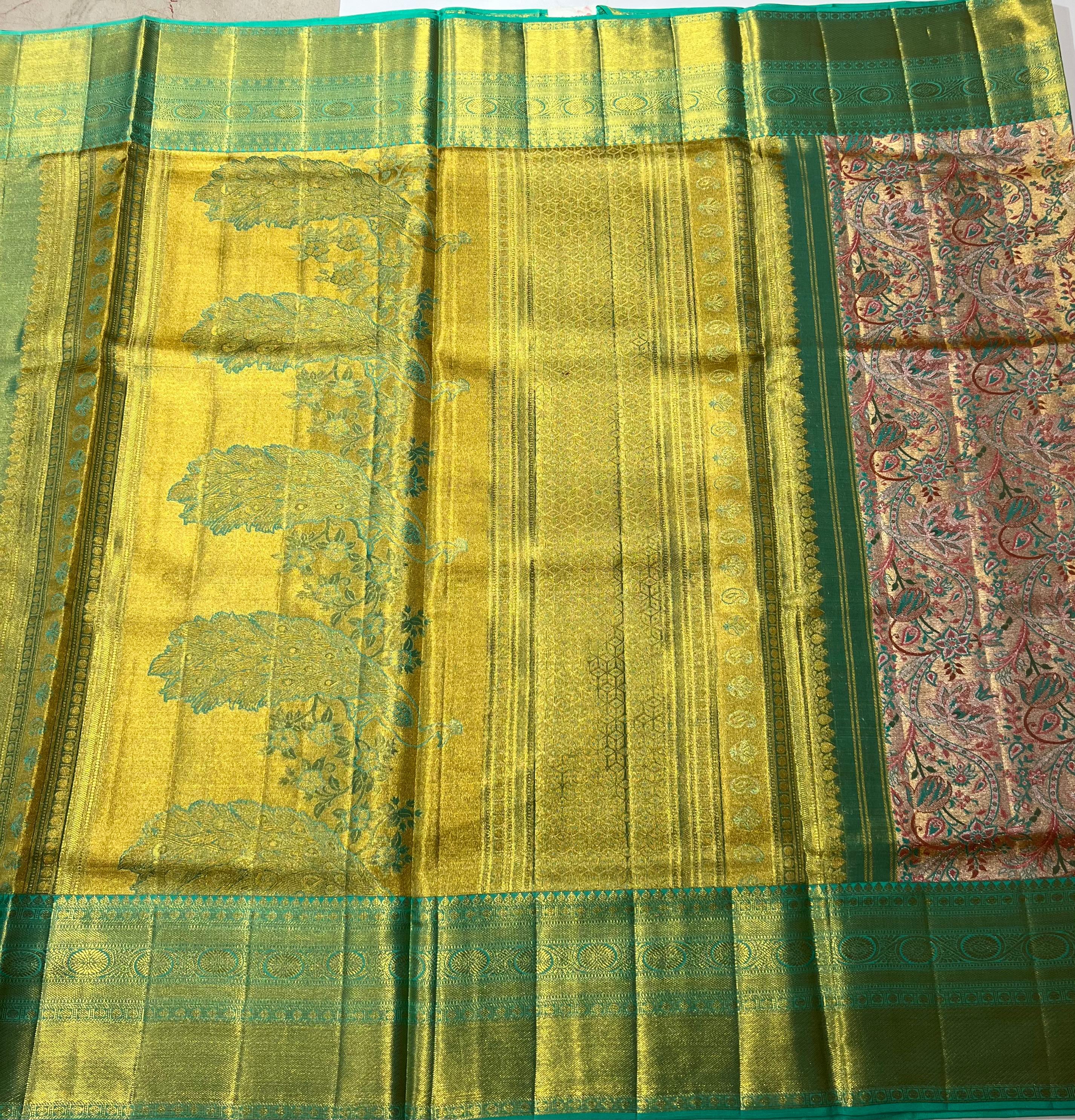Golden and Green Kanjeevaram silk saree