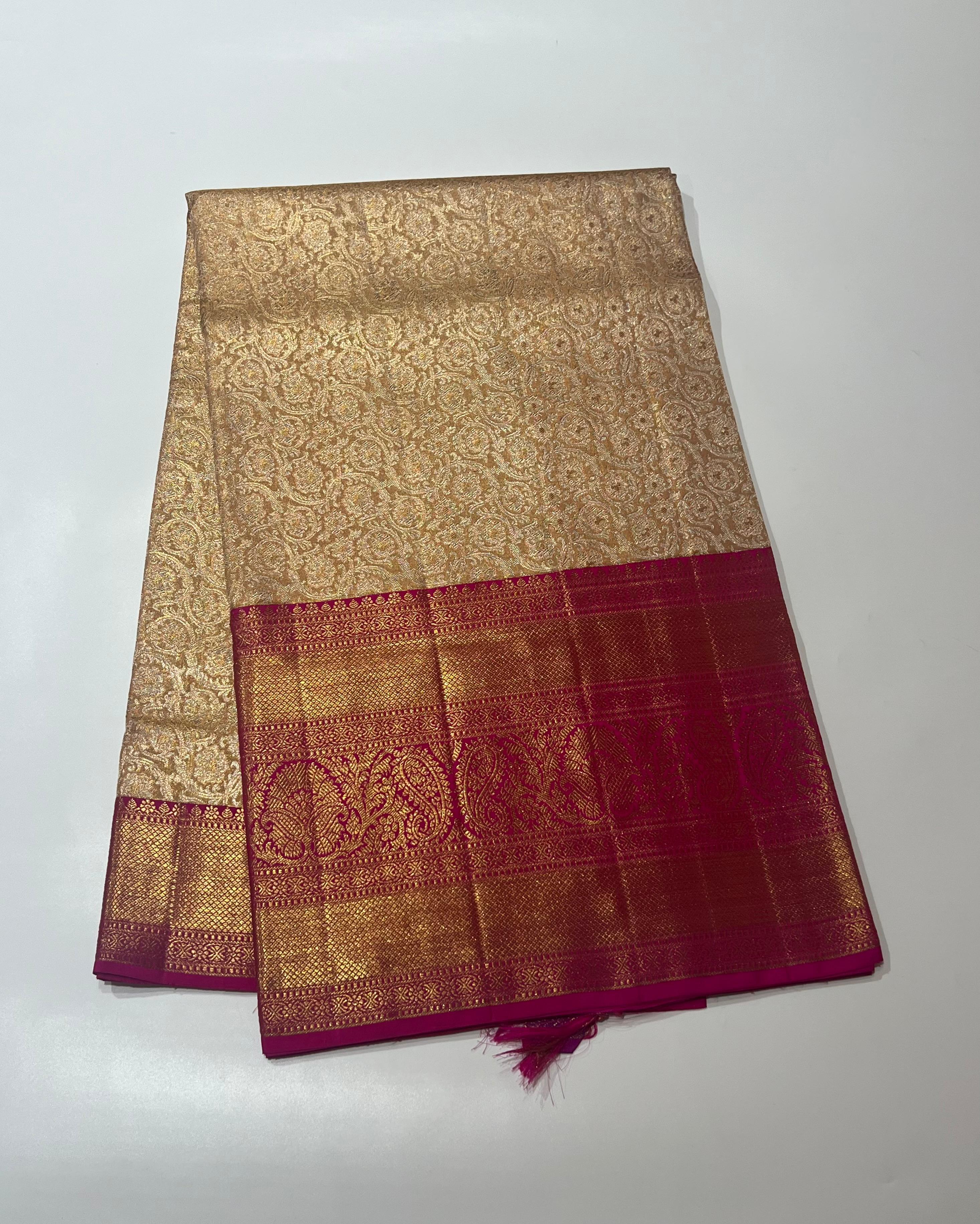Cream and pink border kanjeevaram silk saree
