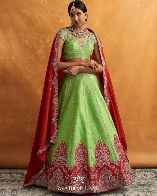 Green red patchwork lehenga set