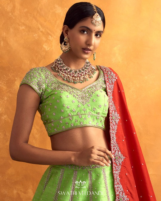 Green red patchwork lehenga set