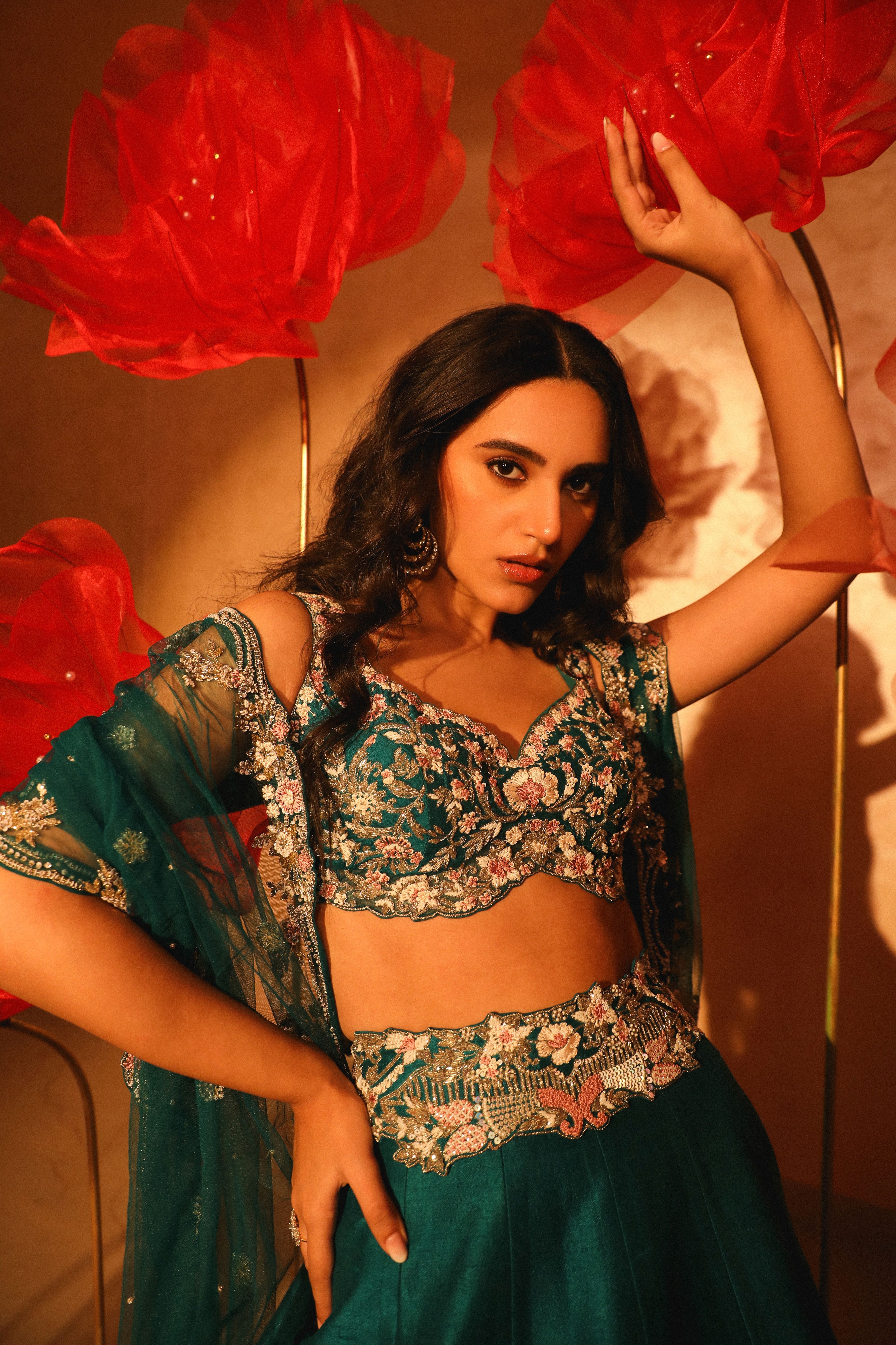 Paradisiacal Peacock Green Embroidered Lehenga Set