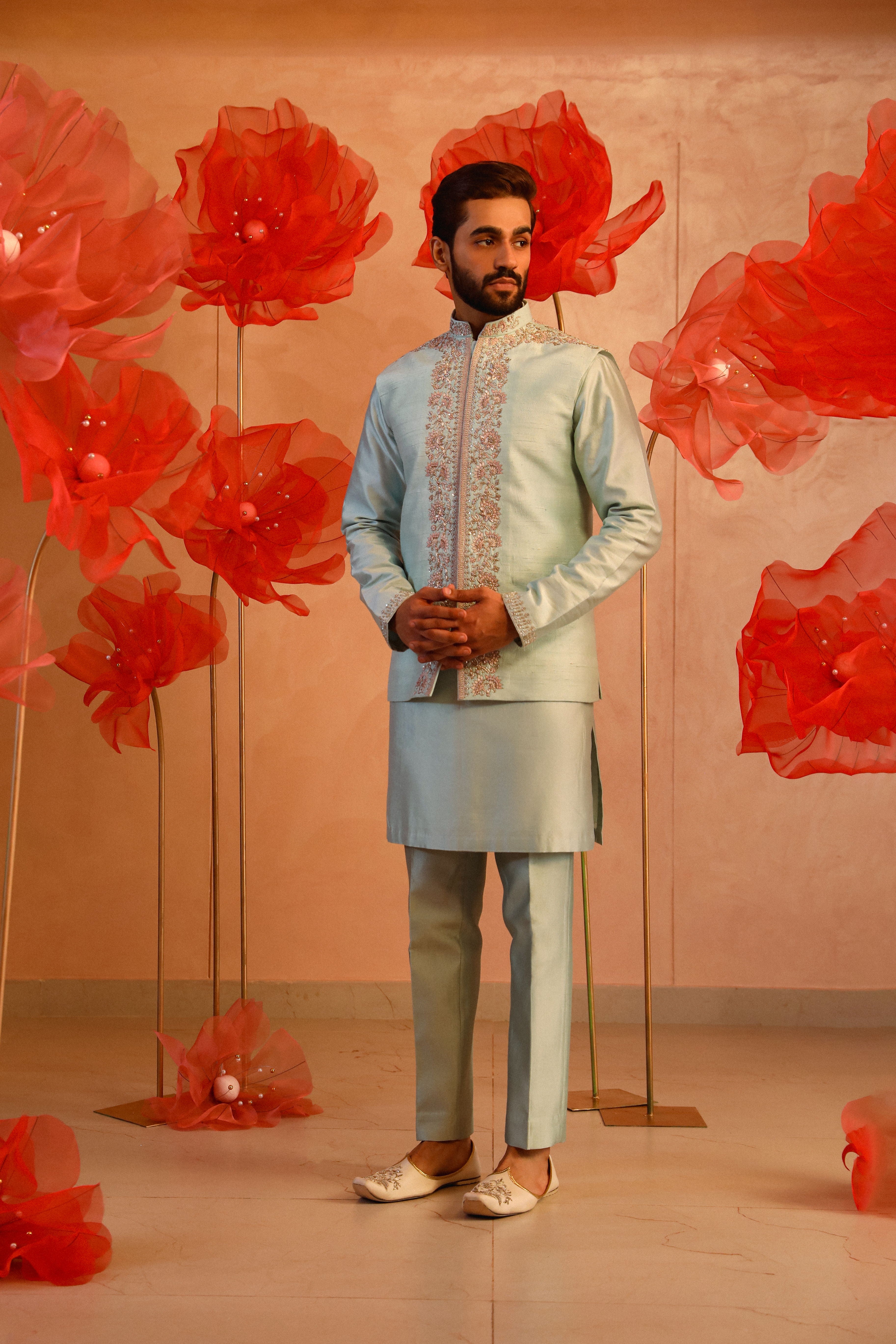 Ice Blue Embroidered Bandi Set