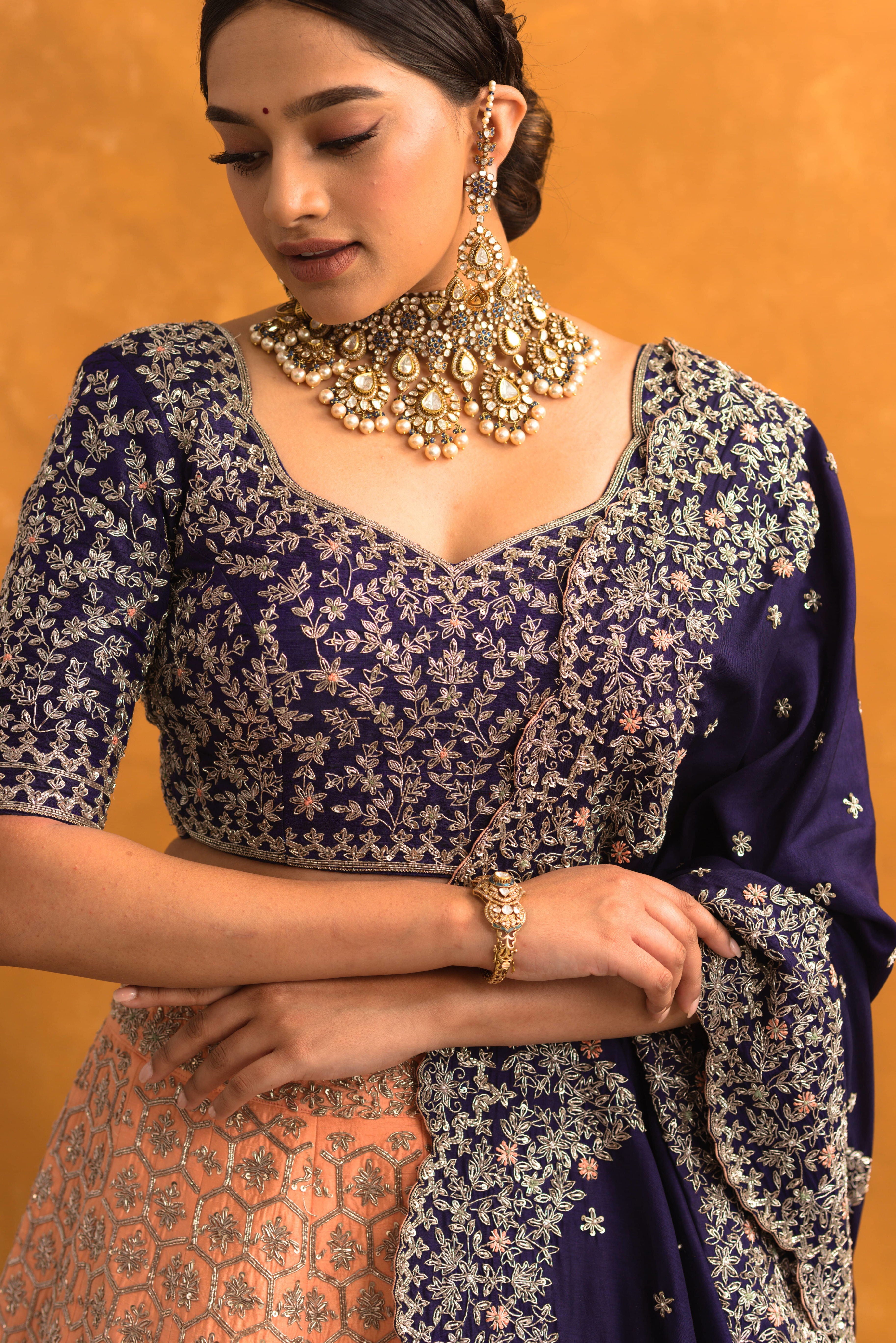 Anga Peach and blue Lehenga Set