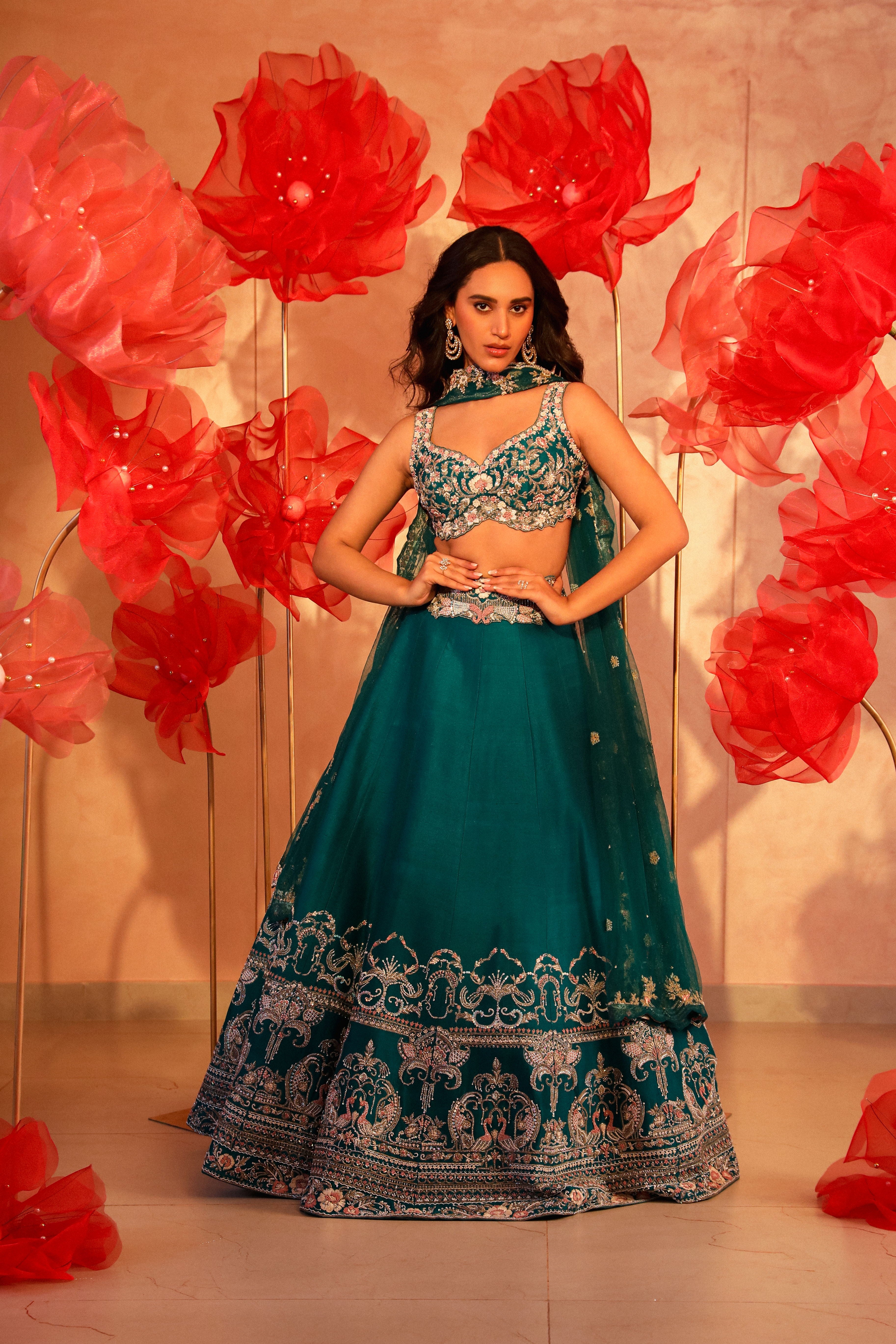Paradisiacal Peacock Green Embroidered Lehenga Set