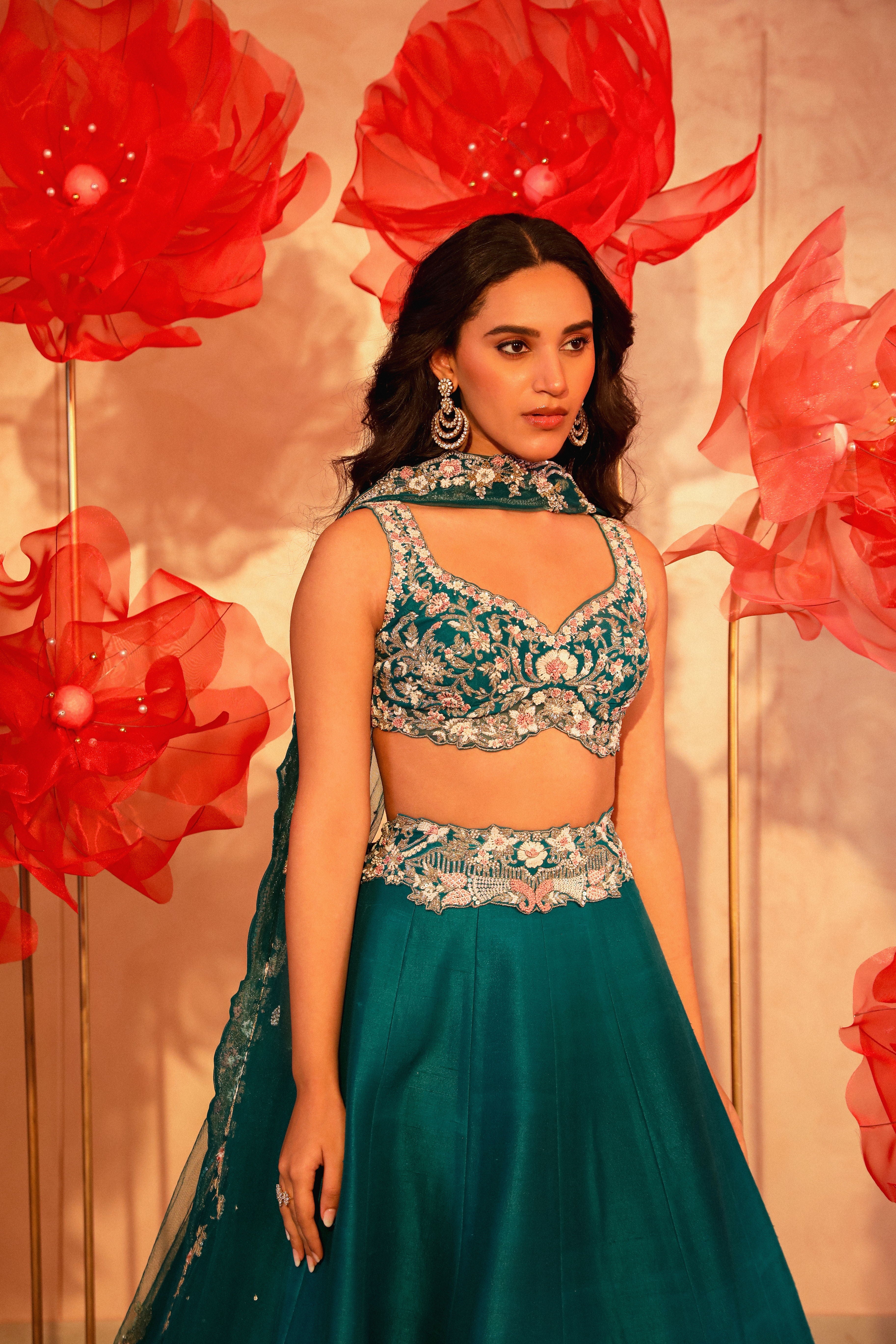 Paradisiacal Peacock Green Embroidered Lehenga Set