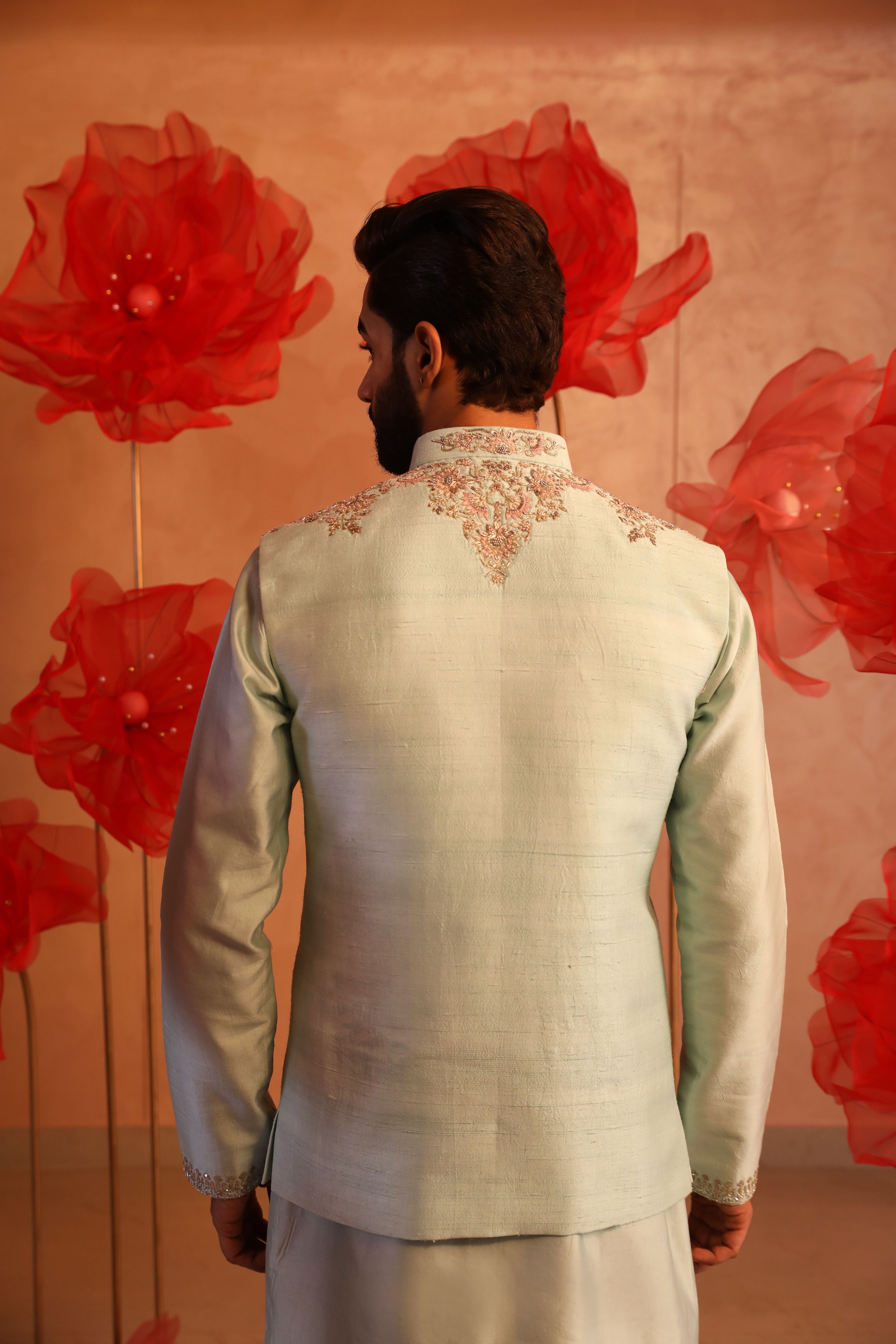 Ice Blue Embroidered Bandi Set