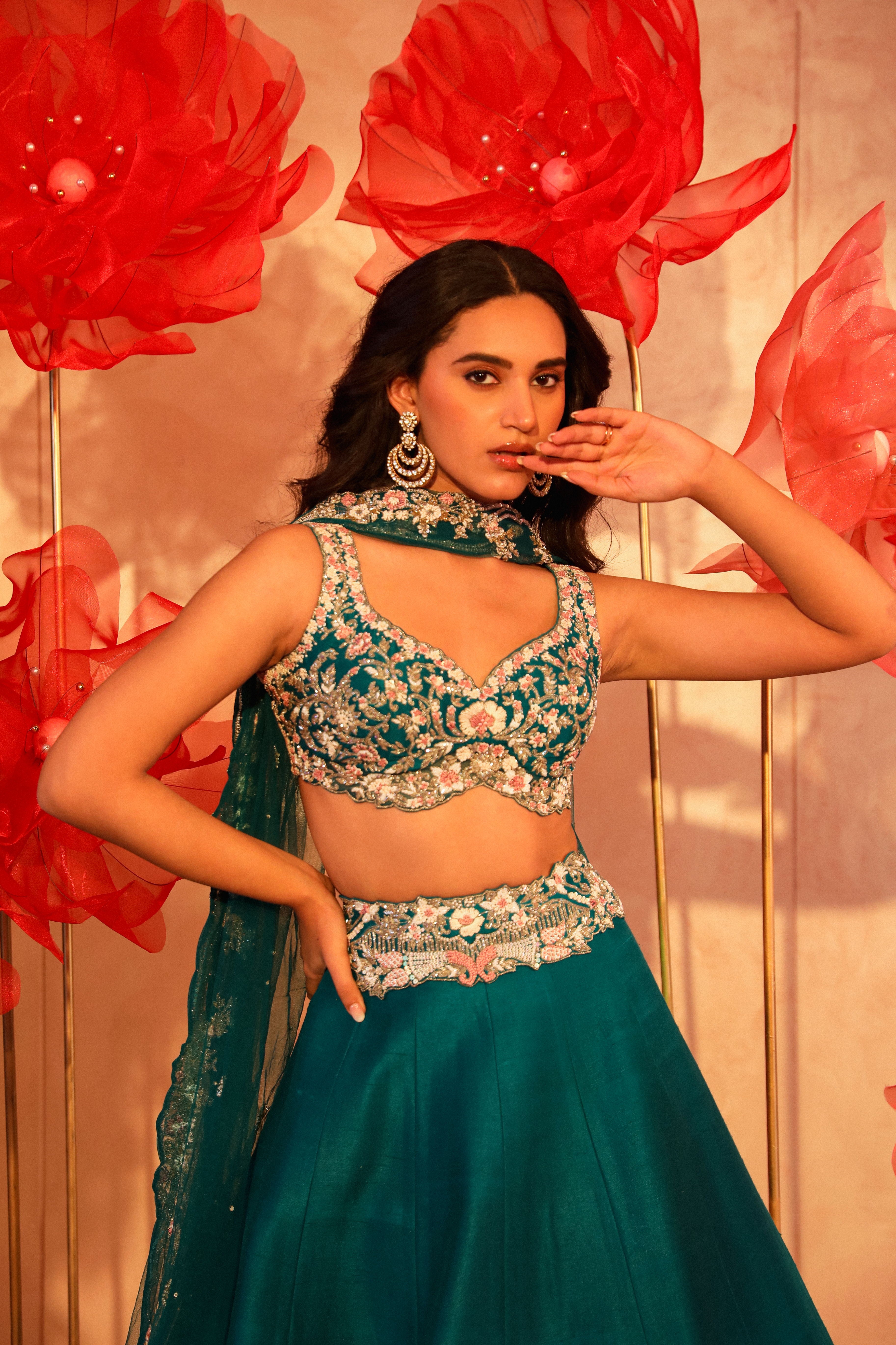 Paradisiacal Peacock Green Embroidered Lehenga Set