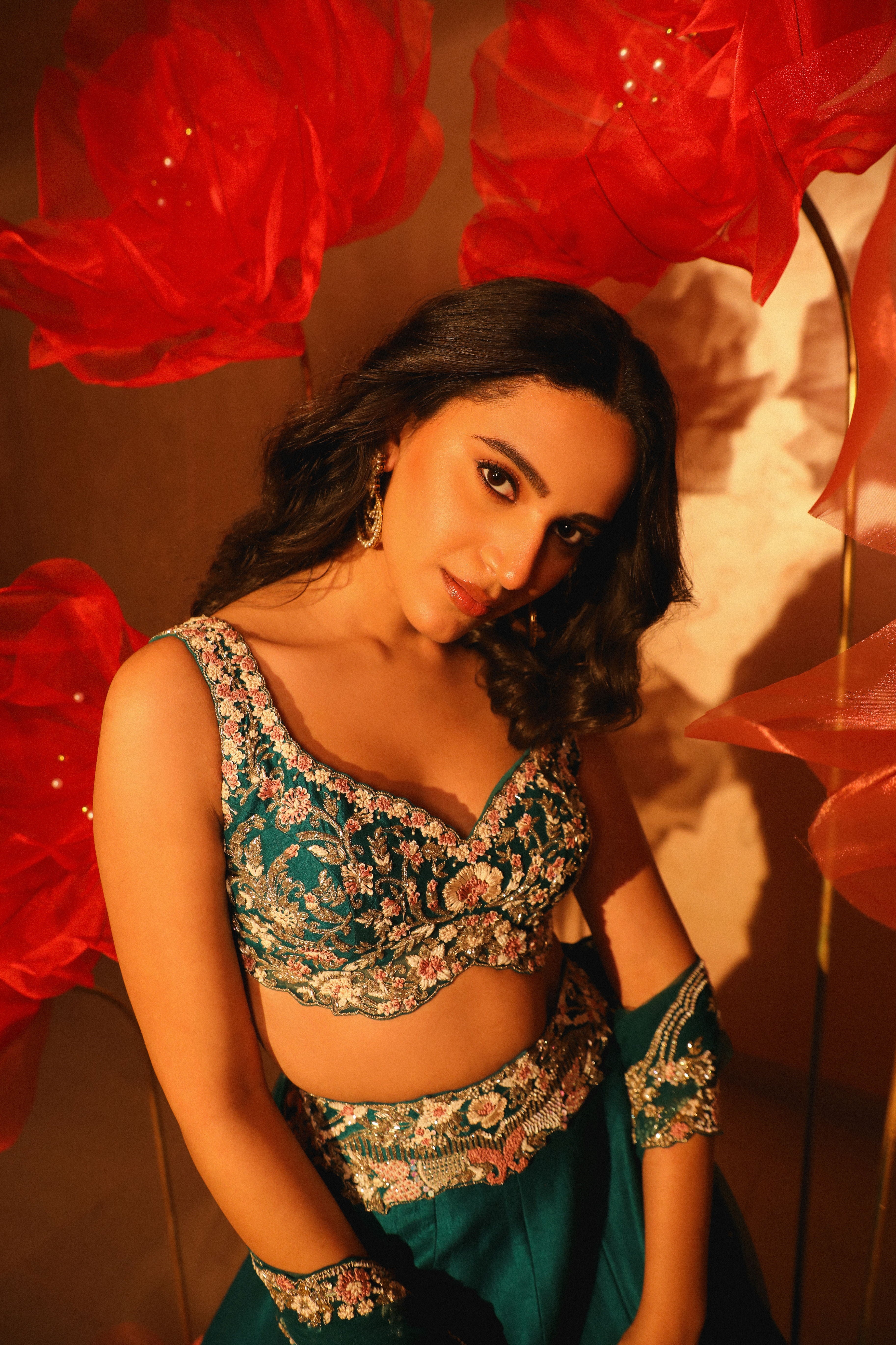 Paradisiacal Peacock Green Embroidered Lehenga Set