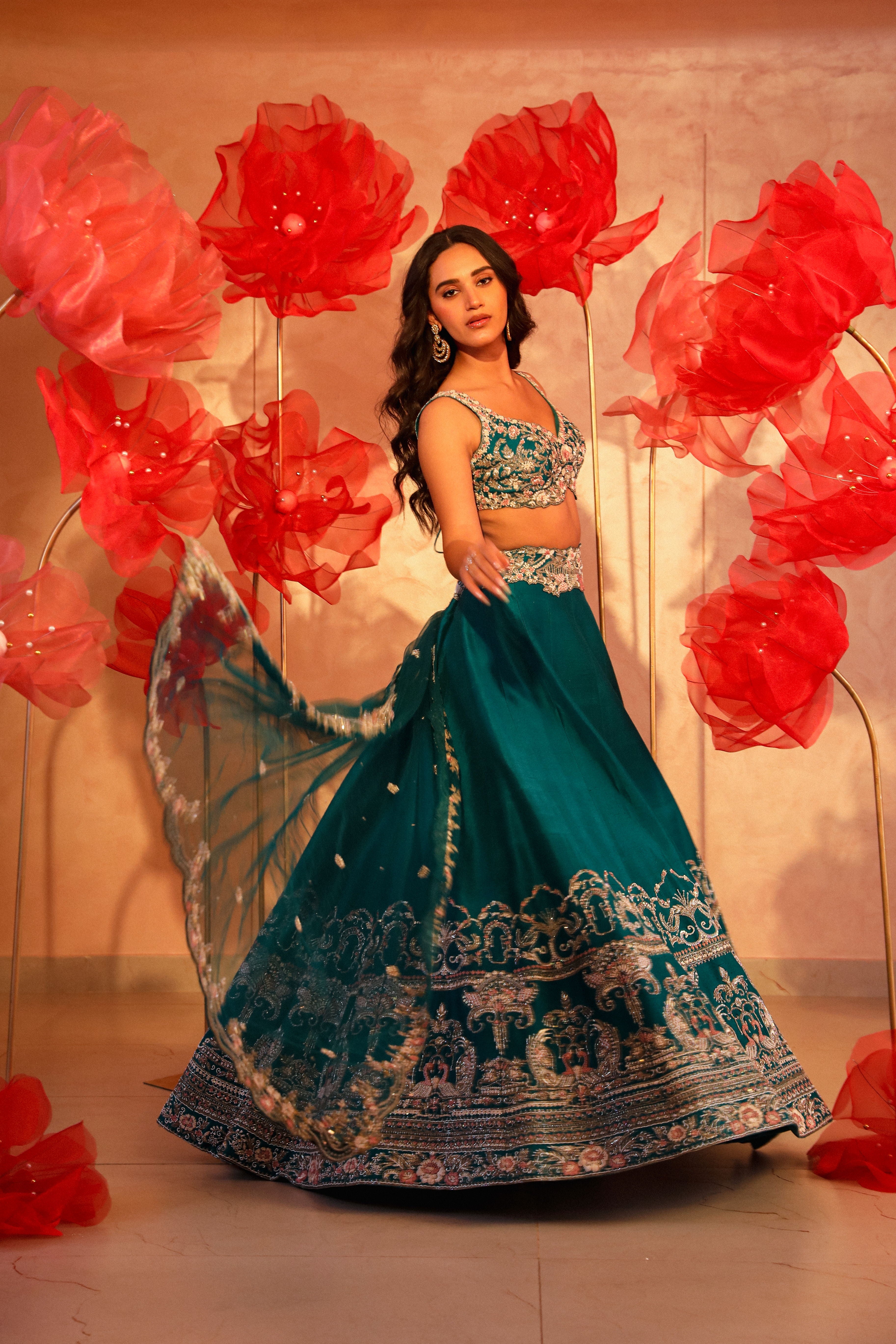 Paradisiacal Peacock Green Embroidered Lehenga Set