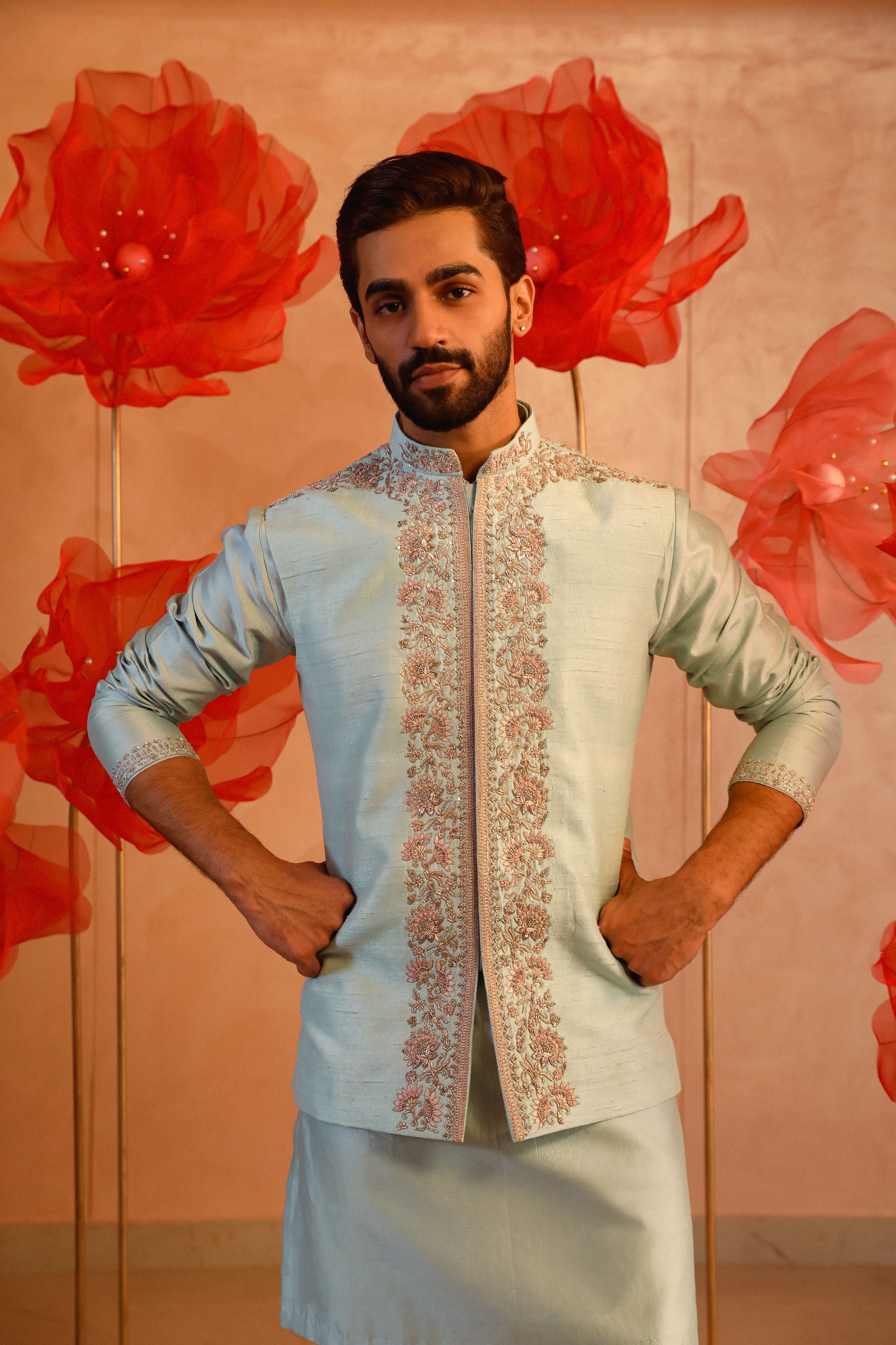 Ice Blue Embroidered Bandi Set