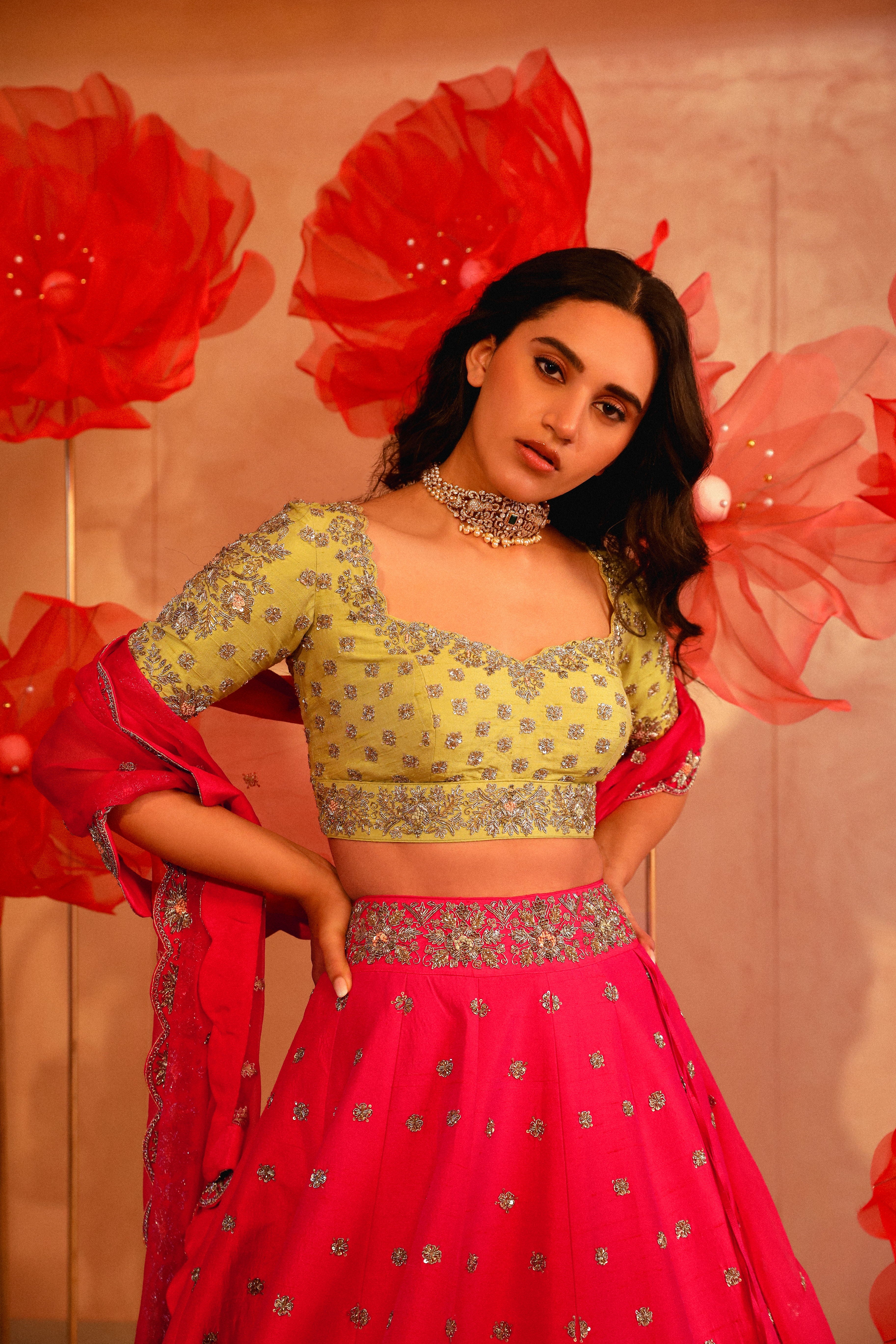 Mesmerising Green and Pink Embroidered Lehenga