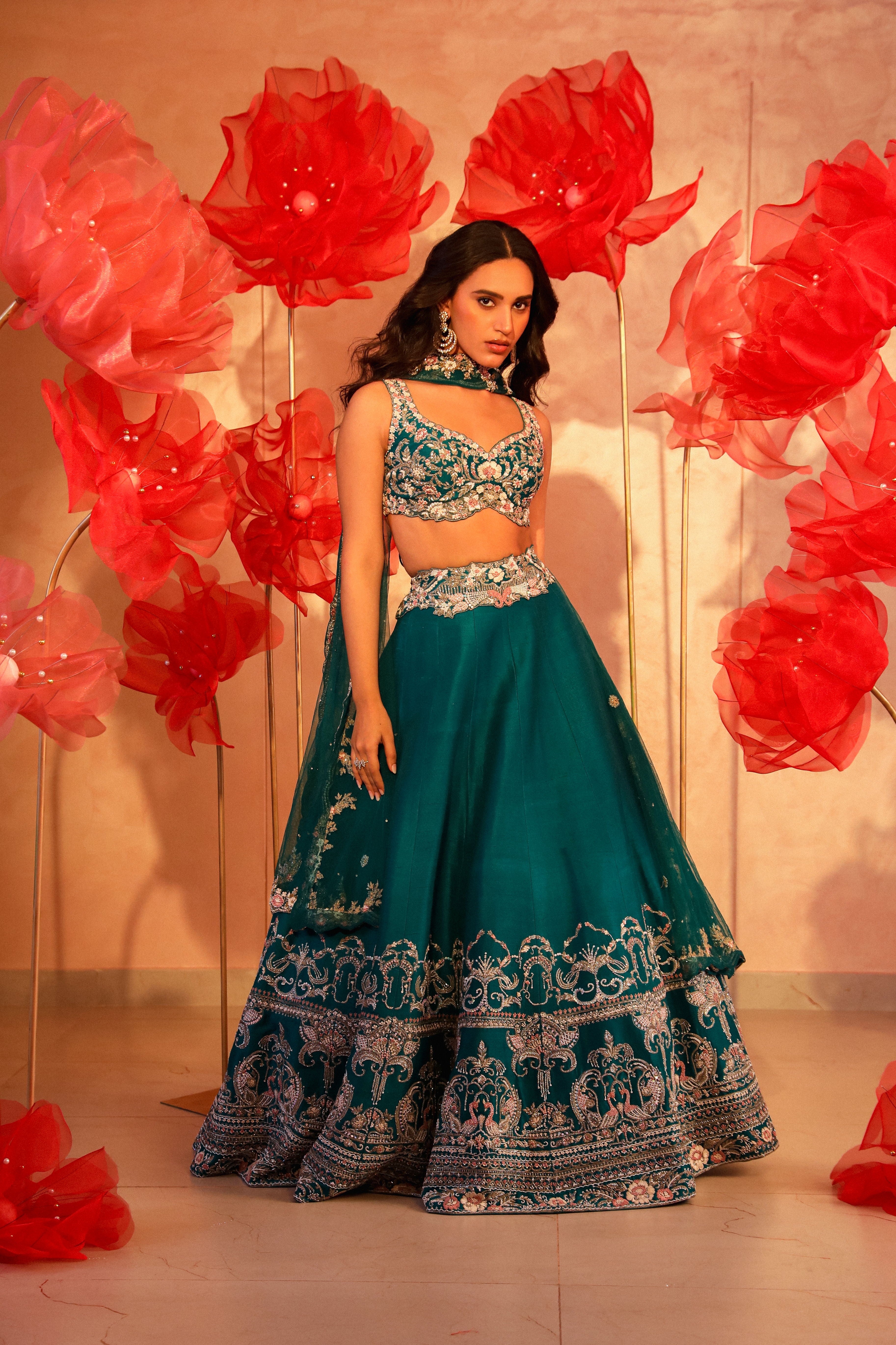 Paradisiacal Peacock Green Embroidered Lehenga Set