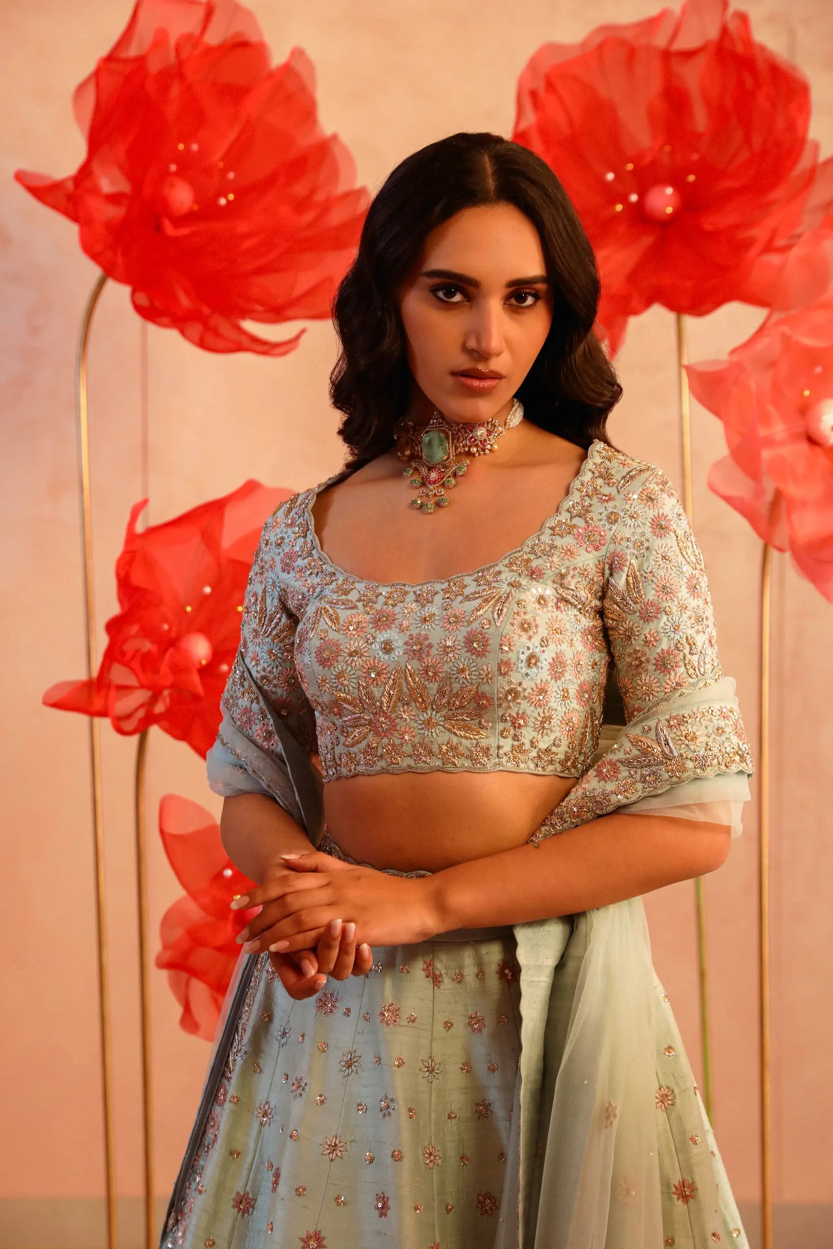 Glamourous Ice Blue Bridal Lehenga Set