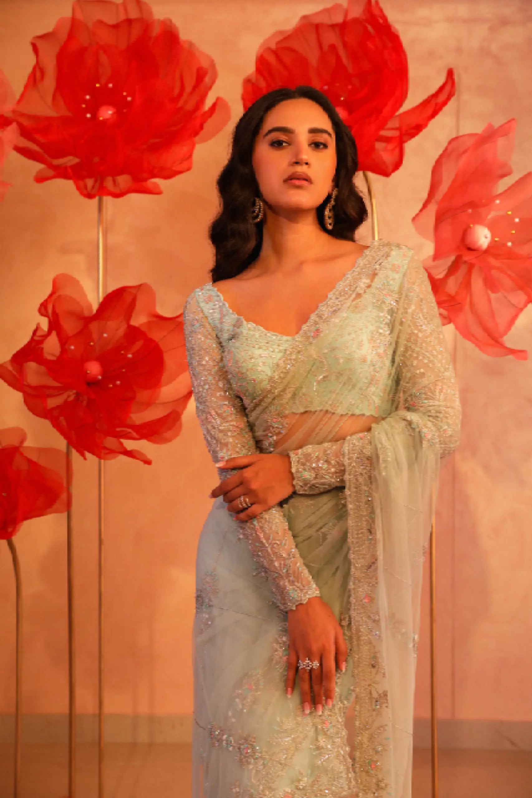 Siren Ice Blue Embroidered net Saree1