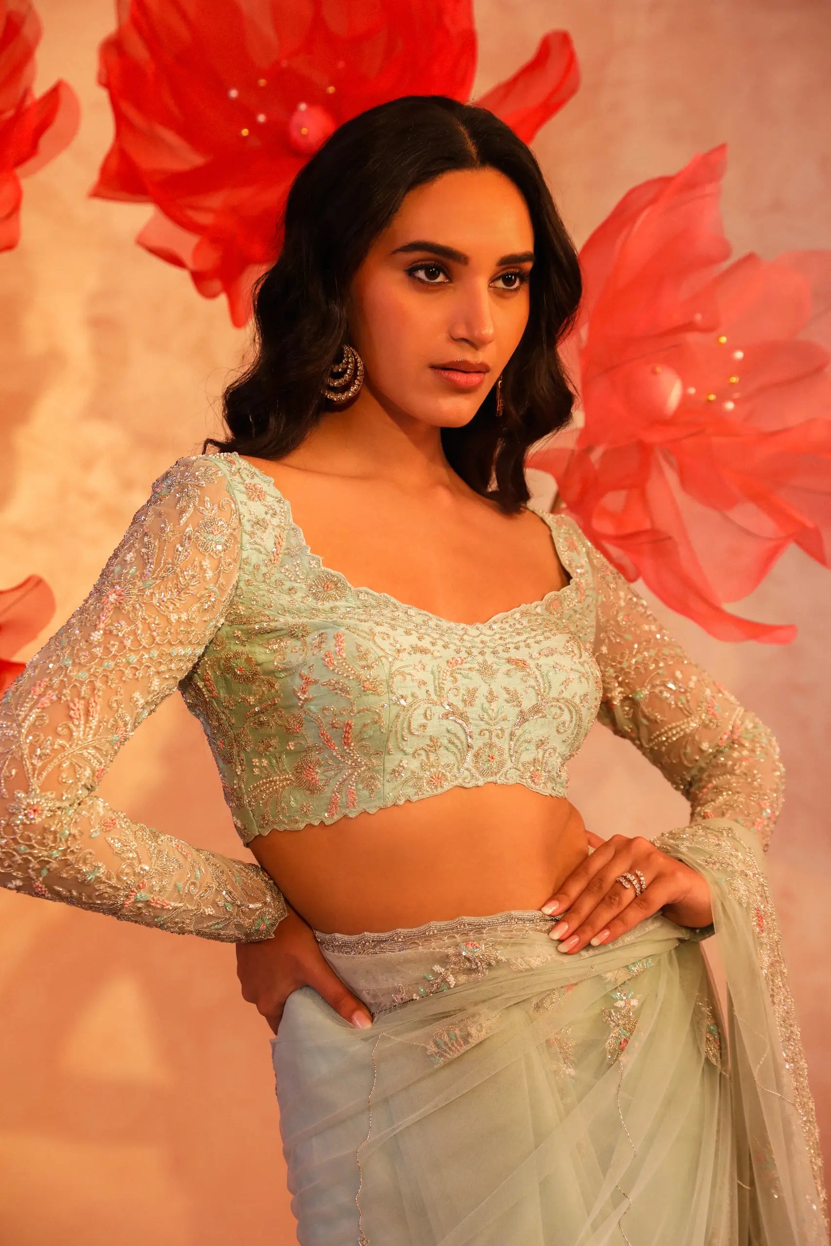 Calming Ice Blue Embroidered Saree