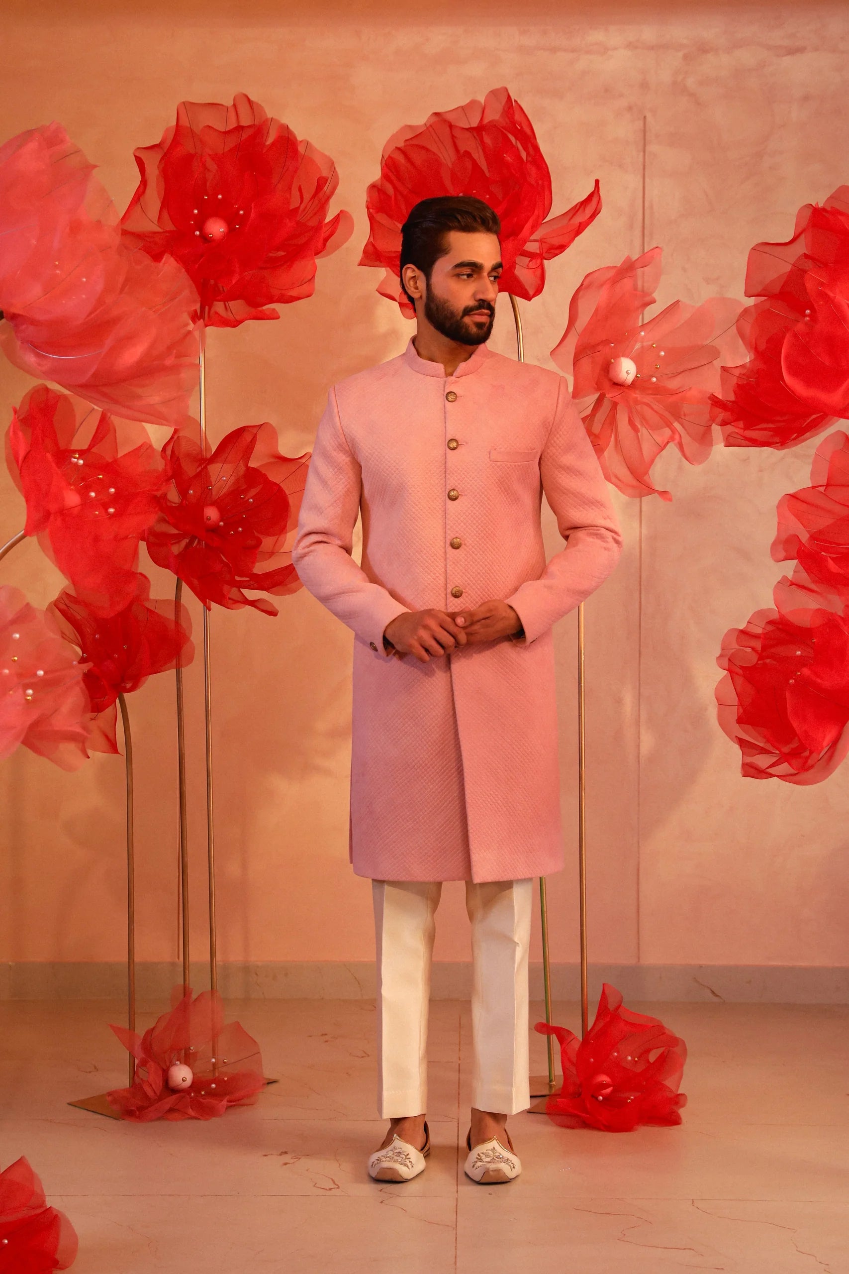 Pastel Pink Quiltted Sherwani