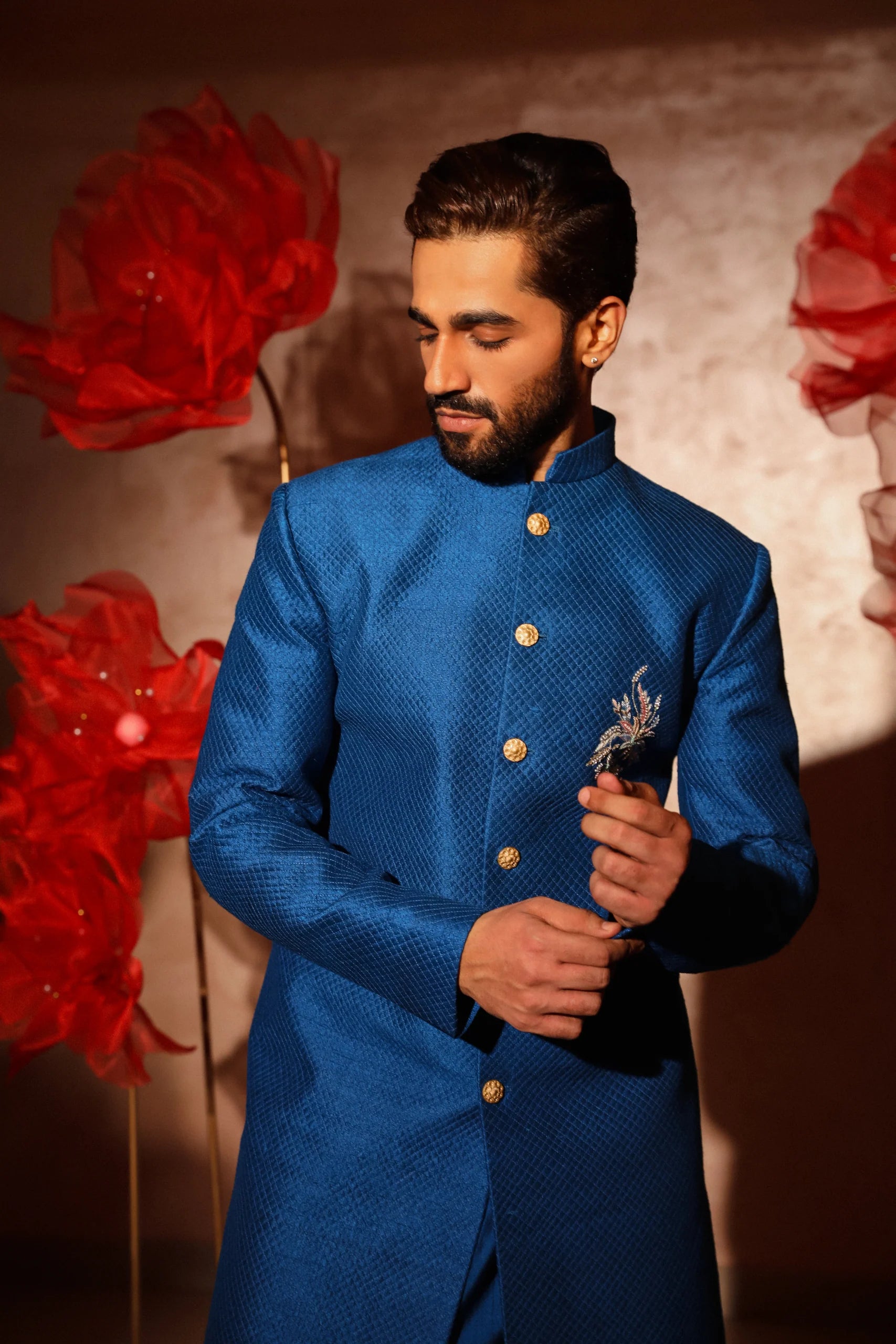 Royal Blue Quilted Sherwani Set